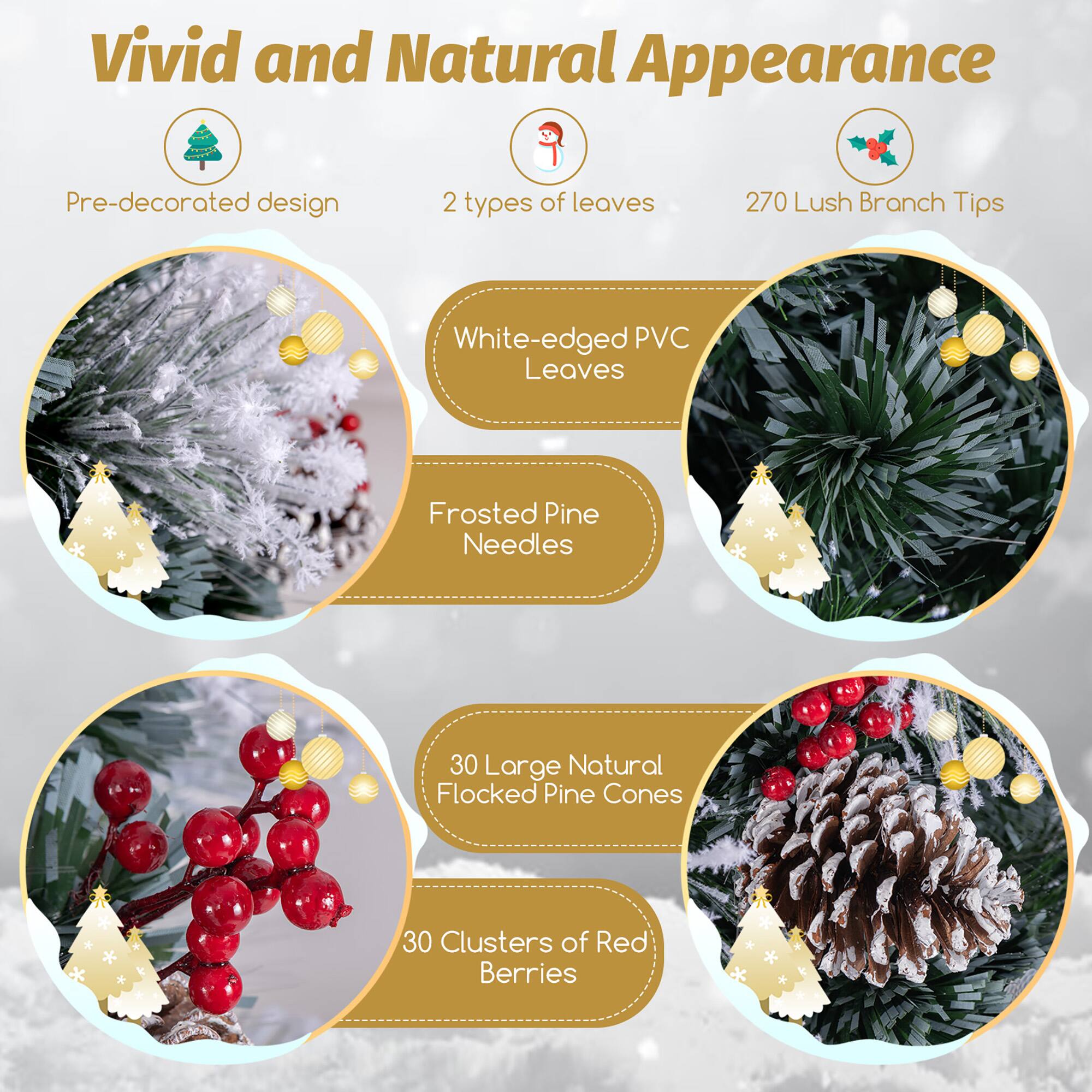 Vivid and Natural Appearance

- Pre-decorated design
- 2 types of leaves
- 270 Lush Branch Tips

- White-edged PVC Leaves
- Frosted Pine Needles
- 30 Large Natural Flocked Pine Cones
- 30 Clusters of Red Berries