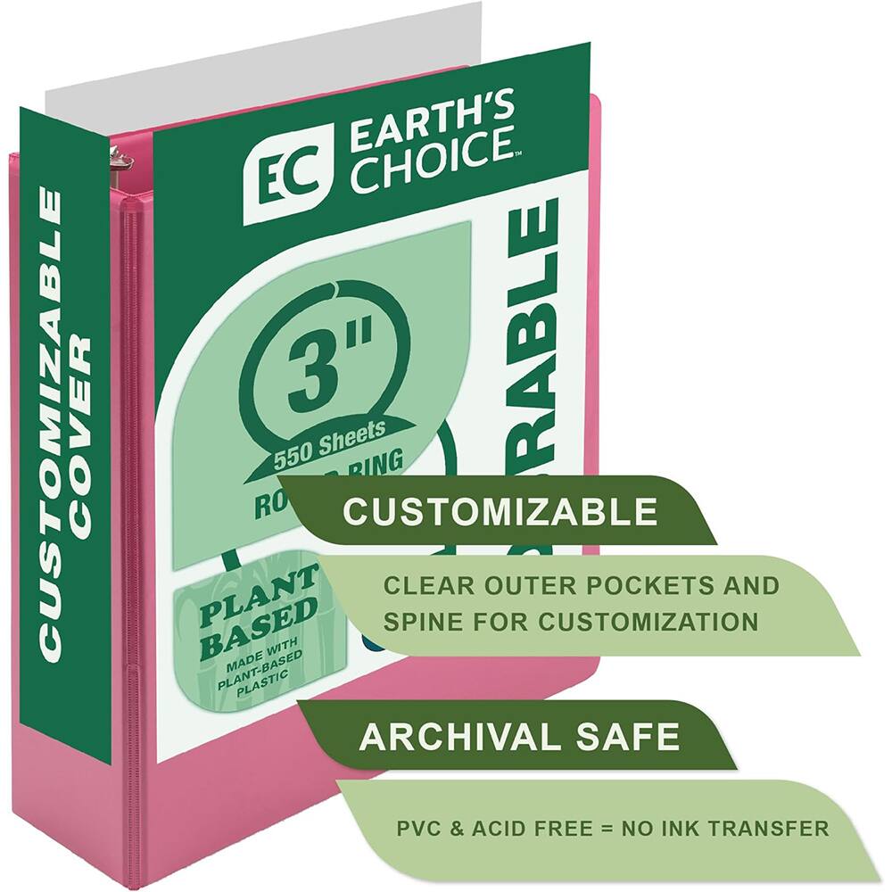 CUSTOMIZABLE COVER  
EARTH'S CHOICE  

EC  
3"  
550 Sheets  
RING  

CUSTOMIZABLE  
CLEAR OUTER POCKETS AND SPINE FOR CUSTOMIZATION  

PLANT BASED  
MADE WITH PLANT-BASED PLASTIC  

ARCHIVAL SAFE  
PVC & ACID FREE = NO INK TRANSFER