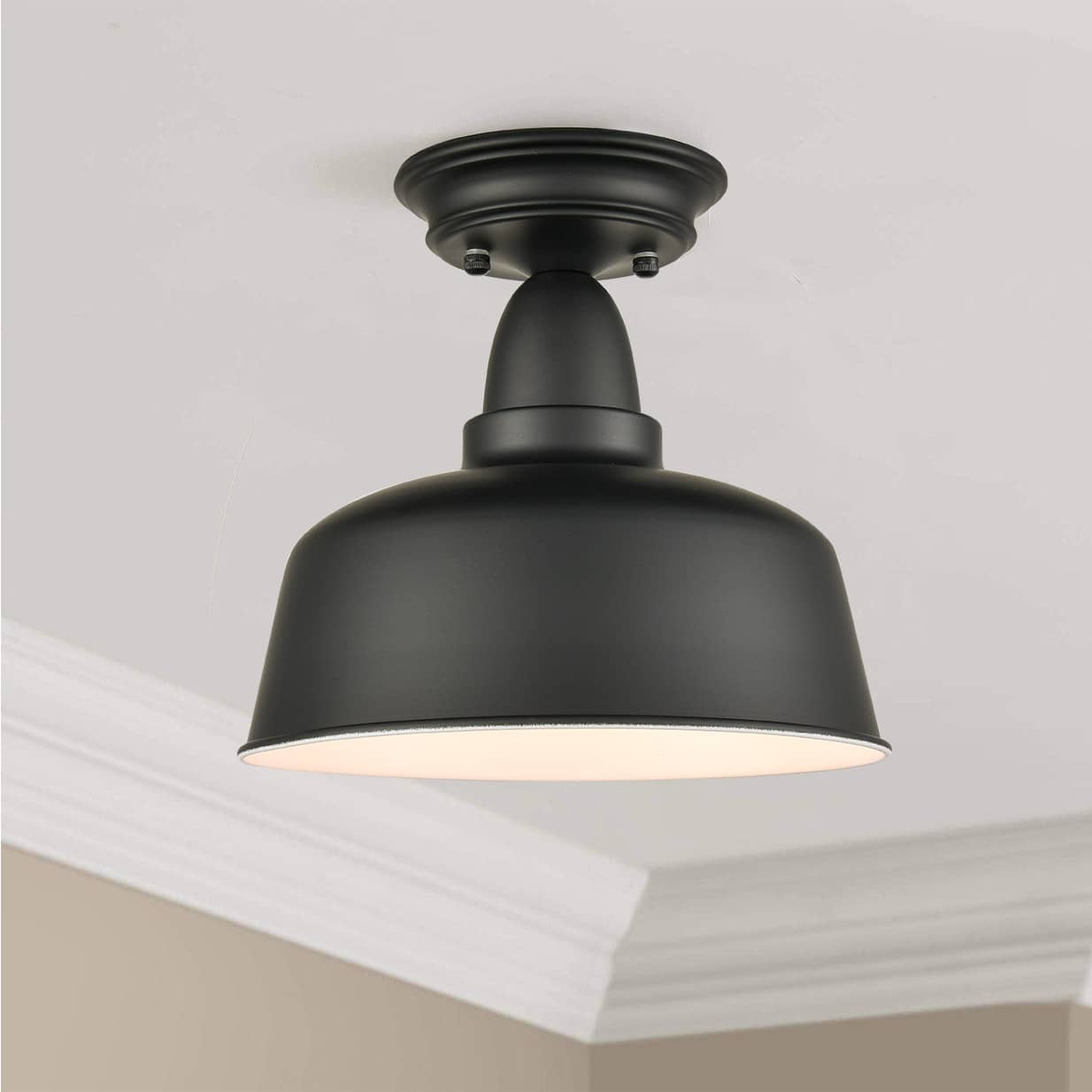 Angle. MOOSE - Farmhouse Matte Black Semi-Flush Mount Ceiling Light Barn Shape - Black.