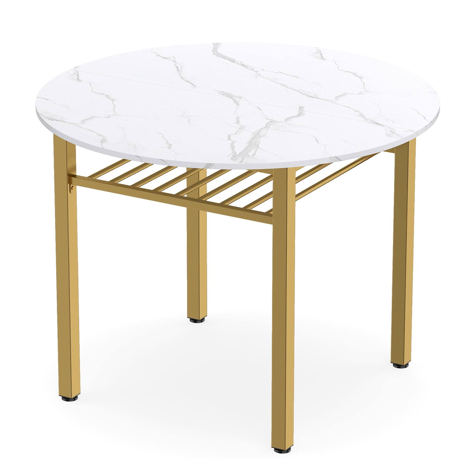 Alt View 4. Costway - Costway Dining Table for 2-4 People,40" Round Kitchen Table with Storage Shelf&Metal Frame - White + Gold.