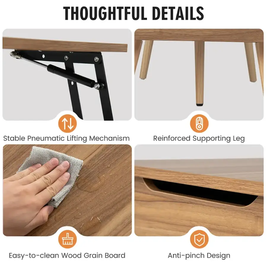 THOUGHTFUL DETAILS: Stable Pneumatic Lifting Mechanism, Reinforced Supporting Leg, Easy-to-clean Wood Grain Board, Anti-pinch Design.