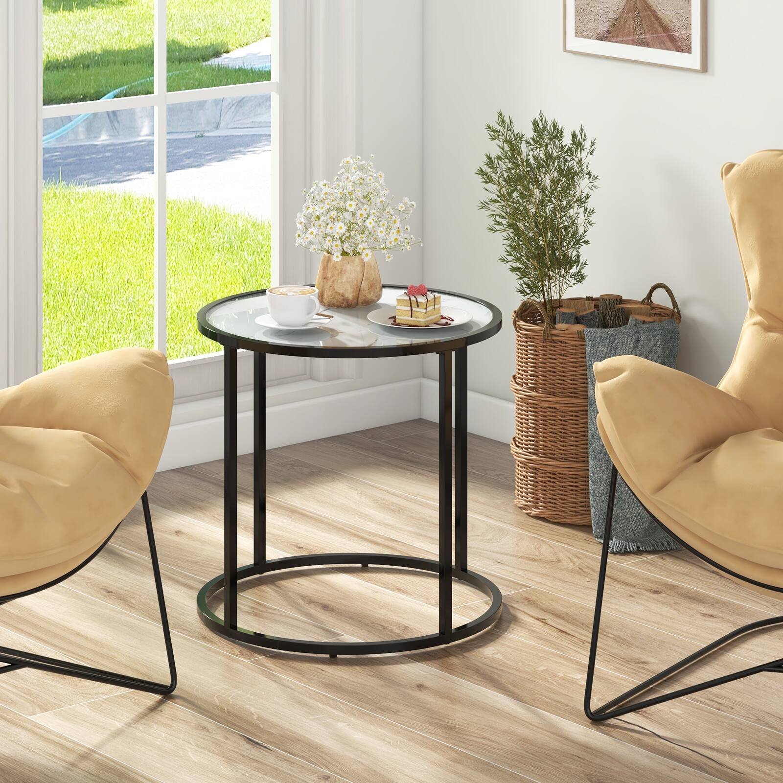 Alt View 2. SlickBlue - Glass End Table with Metal Frame and Faux Marble Top, Modern Living Room Accent Table - Black.