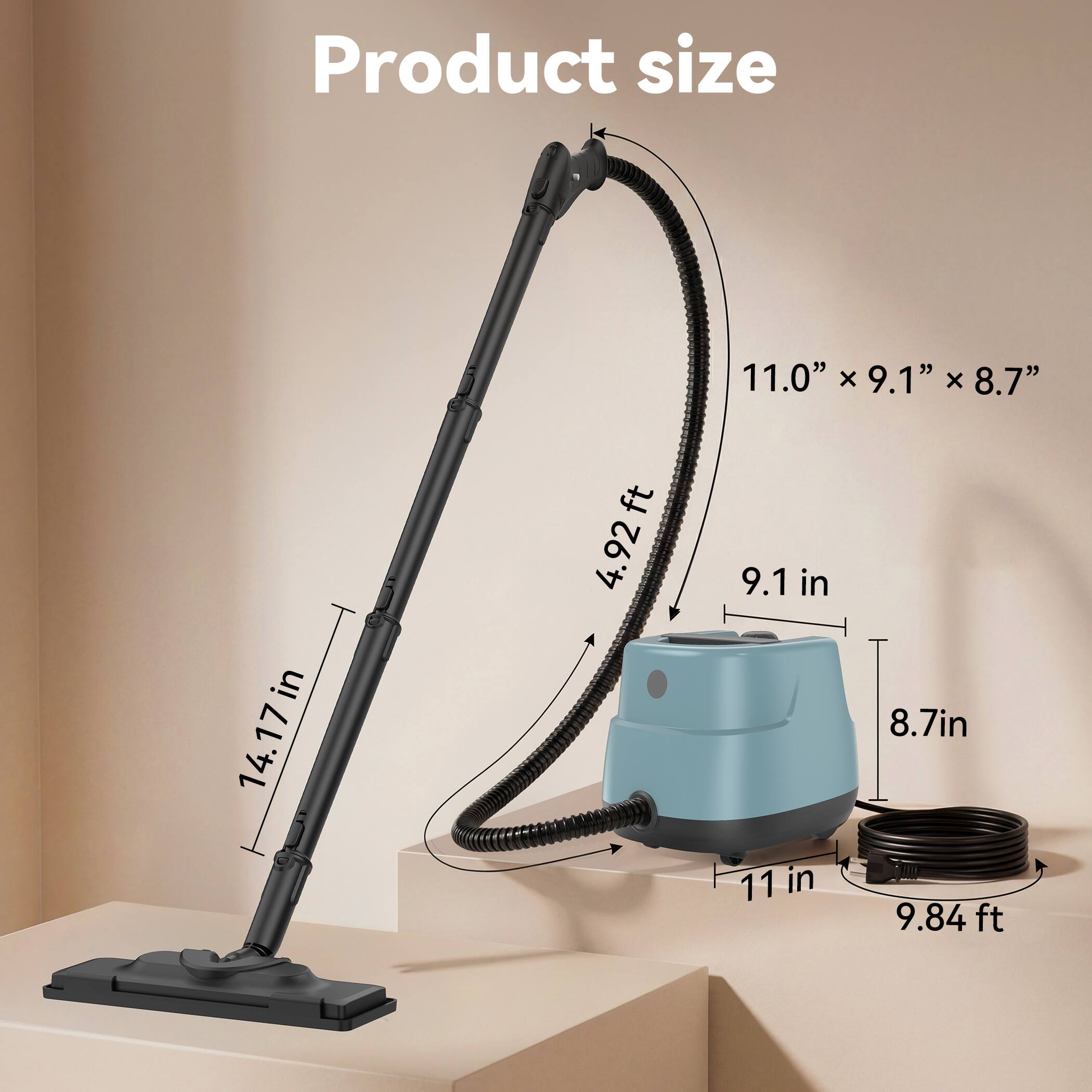 Product size: 11.0" x 9.1" x 8.7"  
Length: 14.17 in  
Cord length: 9.84 ft
