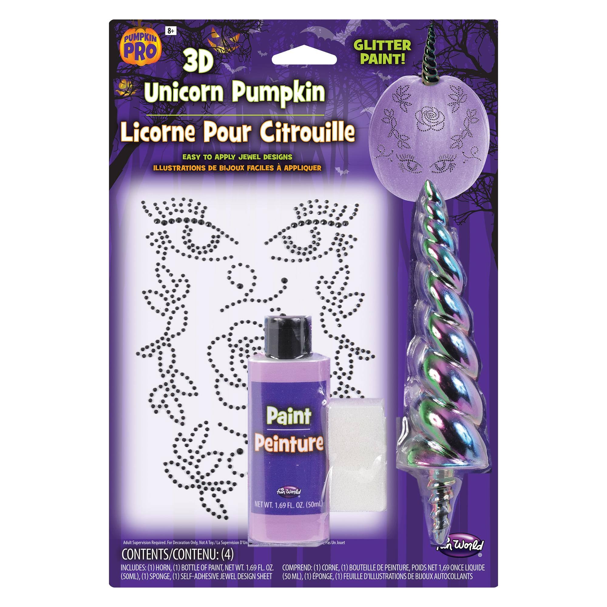 Pumpkin Pro 3D Glitter Paint! Unicorn Pumpkin Licorne Pour Citrouille  
Easy to Apply Jewel Designs Illustrations de Bijoux Faciles à Appliquer  
Paint Peinture  

Net Wt 1.69 FL OZ (50ml)  

Contents/Contenu:  
(4) Includes (1) Horn, (1) Bottle of Paint, Net Wt. 1.69 FL OZ.  
Comprend (1) Corne, (1) Bouteille de Peinture, Poids Net 1.69 Once Liquide (50ml), (1) Sponge, (1) Self-Adhesive Jewel Design Sheet (50ml), (1) Ponge, (1) Feuille Illustrations de Bijoux Autocollants