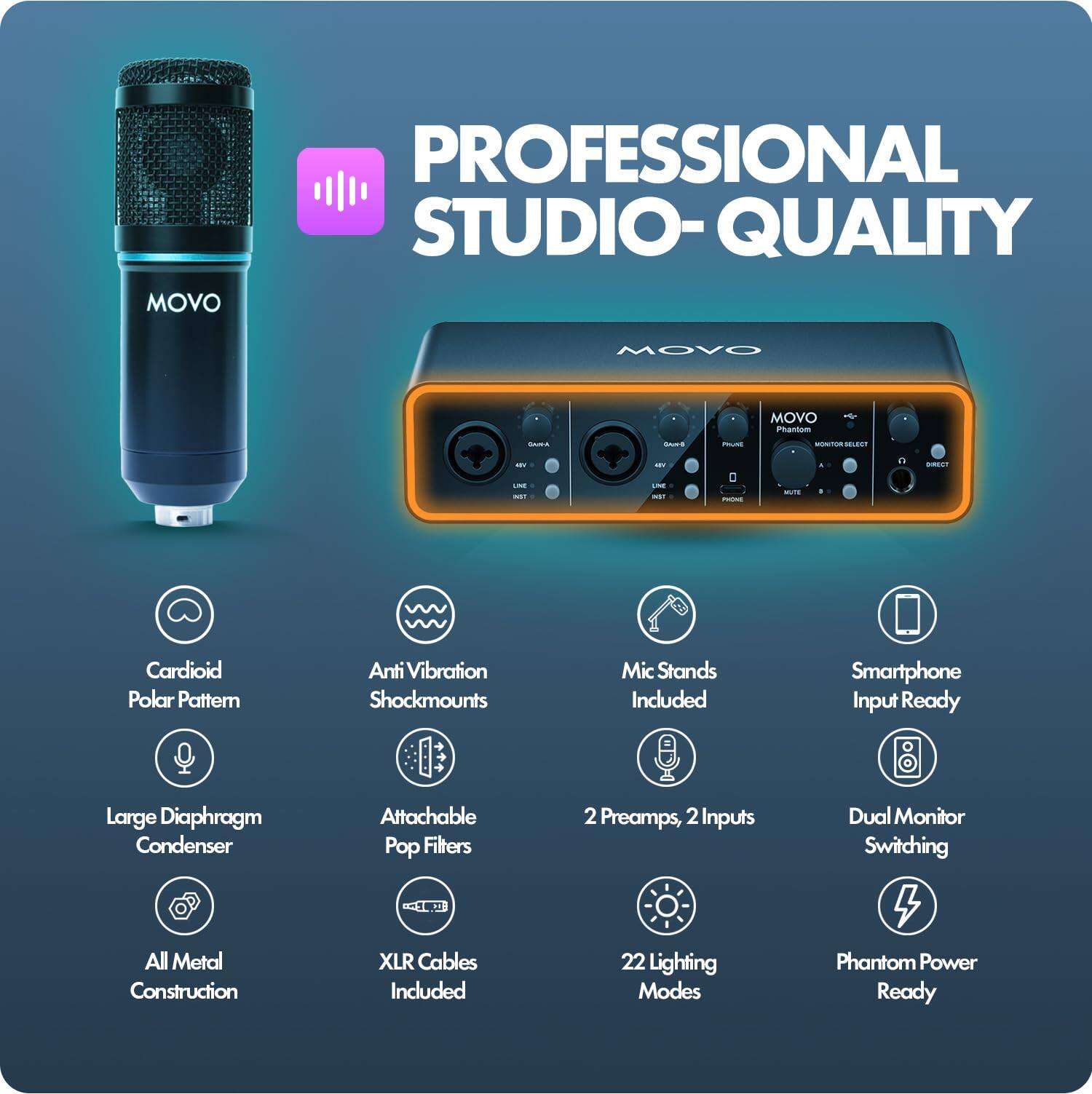 PROFESSIONAL STUDIO-QUALITY MOVO

MOVO Phantom

- Cardioid Polar Pattern
- Anti Vibration Shockmounts
- Mic Stands Included
- Smartphone Input Ready
- Large Diaphragm Condenser
- Attachable Pop Filters
- All Metal Construction
- XLR Cables Included
- 2 Preamps, 2 Inputs
- Dual Monitor Switching
- 22 Lighting Modes
- Phantom Power Ready