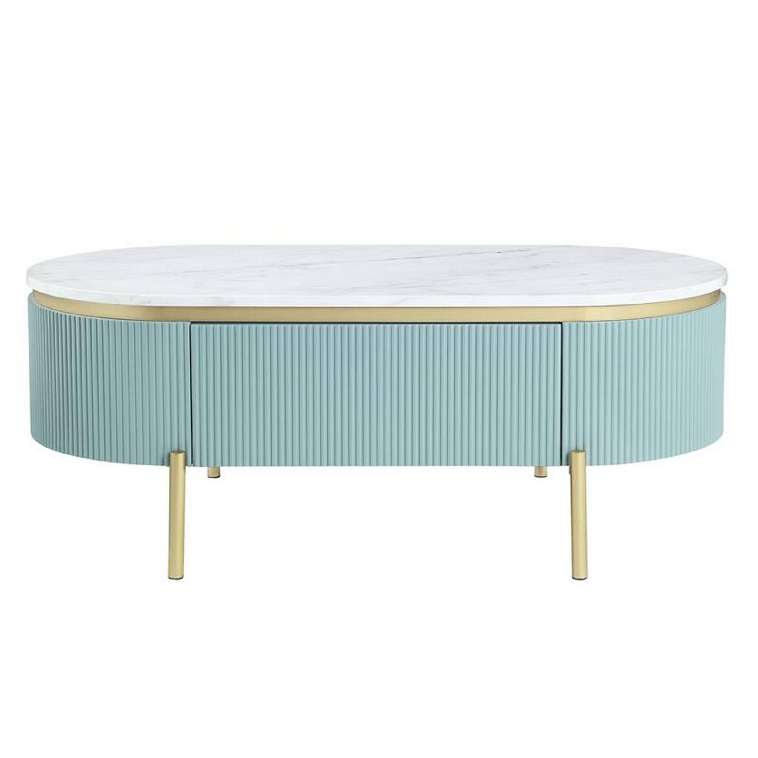 Alt View 1. Manhattan Lane - Ville 48 Inch Oblong Coffee Table, White Faux Marble Top, Teal Reeded Edges - White, Teal, Gold.
