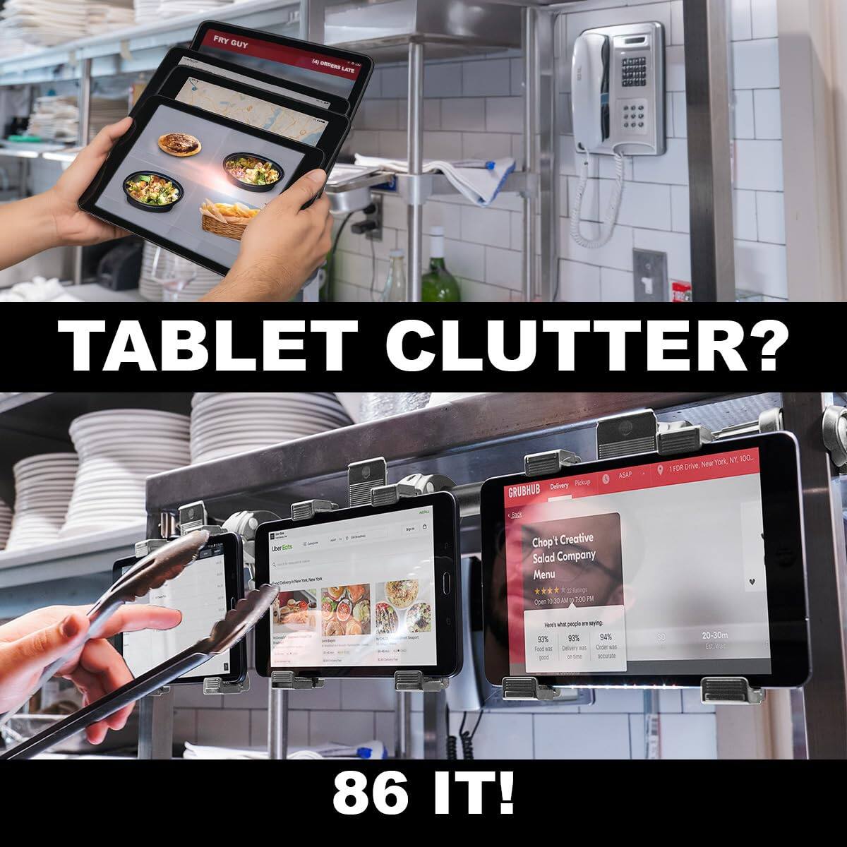 Sure, here is the corrected and grouped text from the image:

---

**FRY GUY**  
10 ORDERS LATE

**TABLET CLUTTER?**

**Debney Pau**  
GRUBHUB ASAP  
Pork NT 100  
Dive Noe  
IFDR  
Chop Creative Salad Company Menu  
1Mg100 M 1:00 P con sam de smpe - - 97% 97% 9ES sue . cun - an /1 -30m C 86 IT!

**86 IT!**

---

This text appears to be a mix of different elements, possibly from a kitchen or restaurant setting, including a tablet with a menu, a phone, and some handwritten notes.