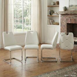 GOODSILO - Set of 4 Modern Faux Leather Dining Chairs with Gold Mesh Texture and Chrome Accents - White
