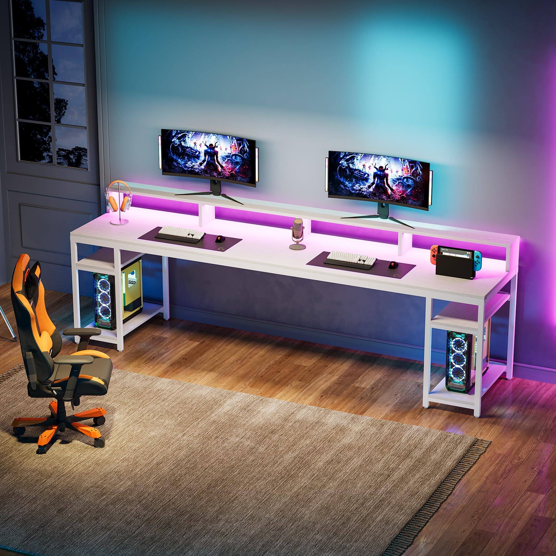 Alt View 3. Tribesigns - 78.7-Inch Two-Person Computer Desk with Storage Shelves and Monitor Stand for Home Office - White.