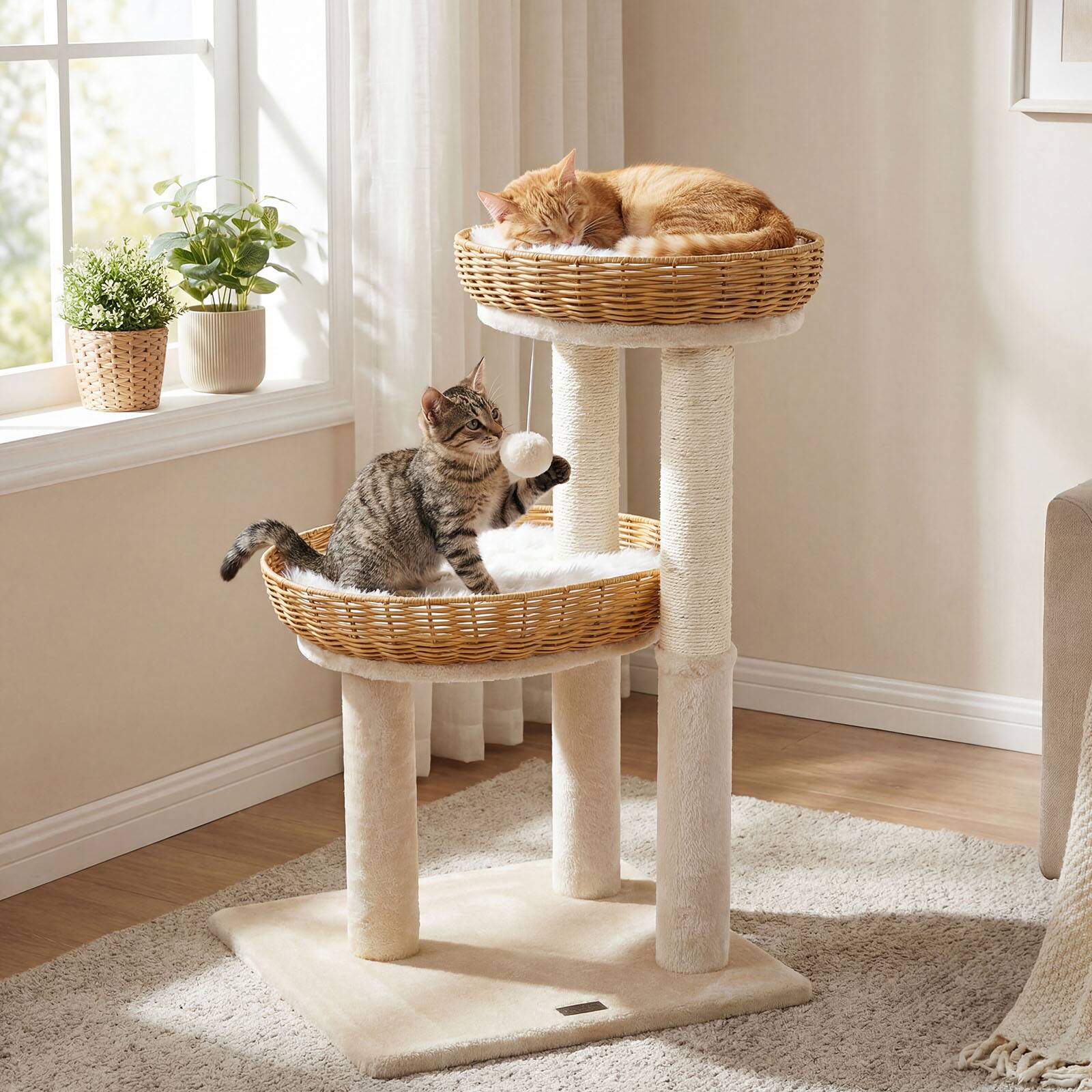 Alt View 3. Gymax - Gymax Cat Tree 30-Inch Cat Tower w/ 2 Rattan Cat Baskets Sisal Scratching Post.