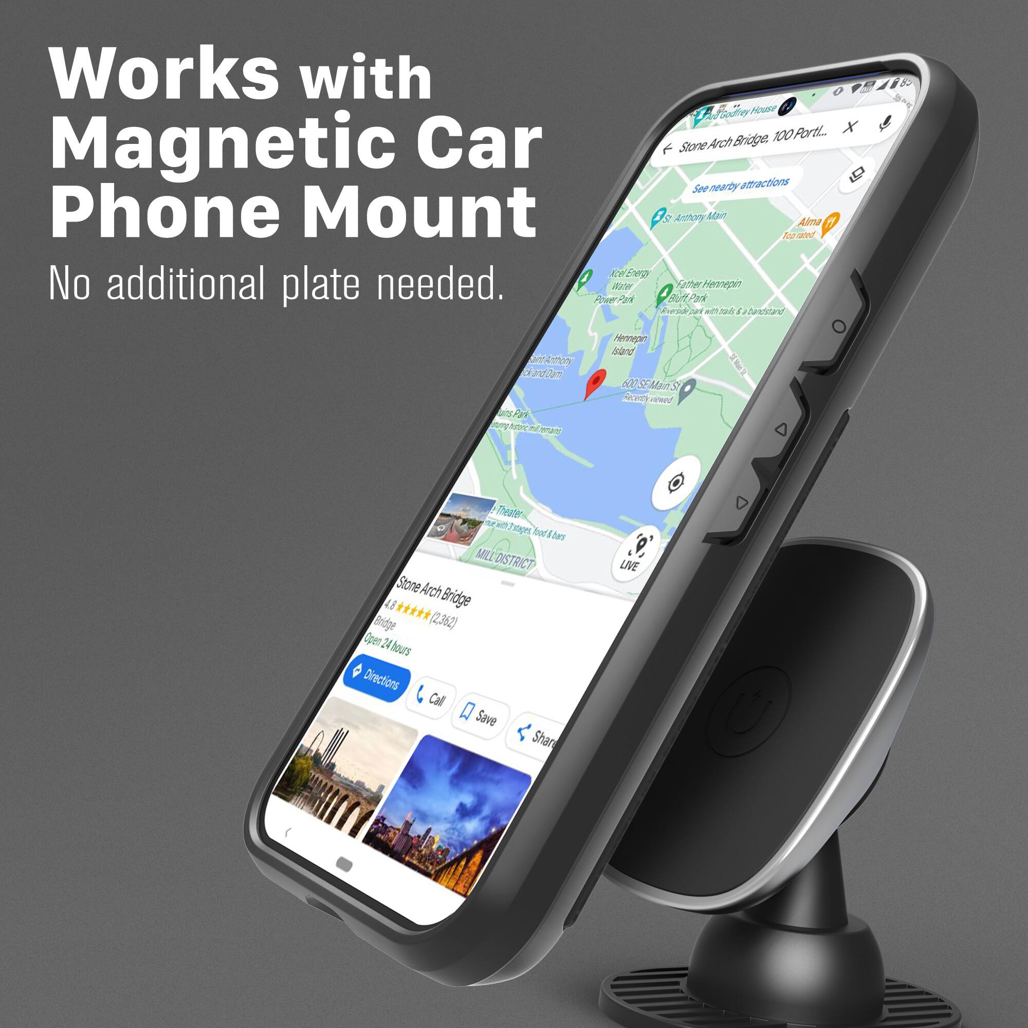 Works with Magnetic Car Phone Mount  
No additional plate needed.