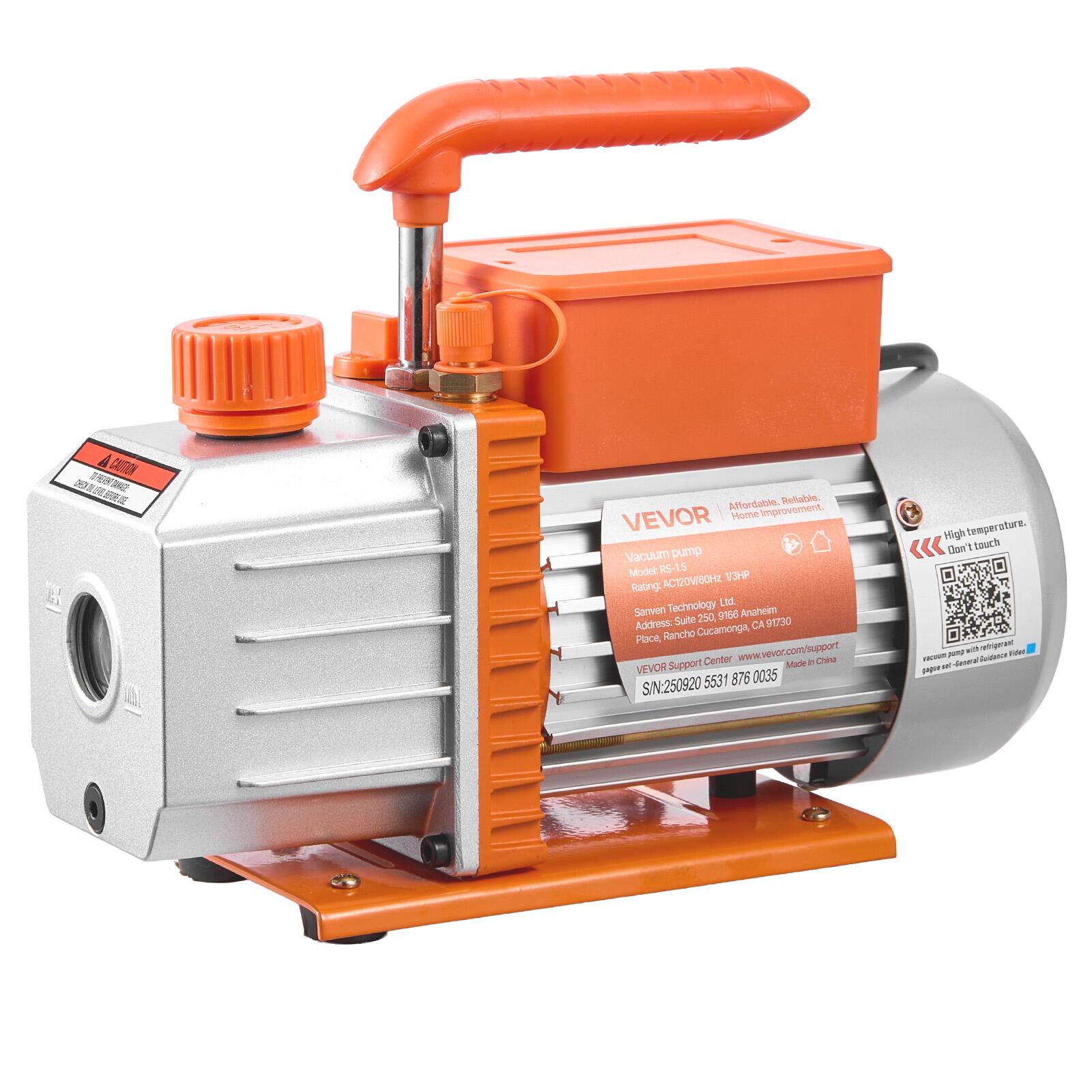 Affordable, Reliable. VEVOR Home Improvement. Vacuum pump Model RS-1.5 AC120V/60Hz 1/3HP Rating: Technology Ltd. Sanven 250, 9166 Anaheim Address: Suite CA 91730 Place, Rancho Cucamonga, Support Center www.vevor.com/support Made in China VEVOR 0035 SIN:250920 5531 876

High temperature. Don't touch the refrigerant Video INEVER Guidance It's andiet