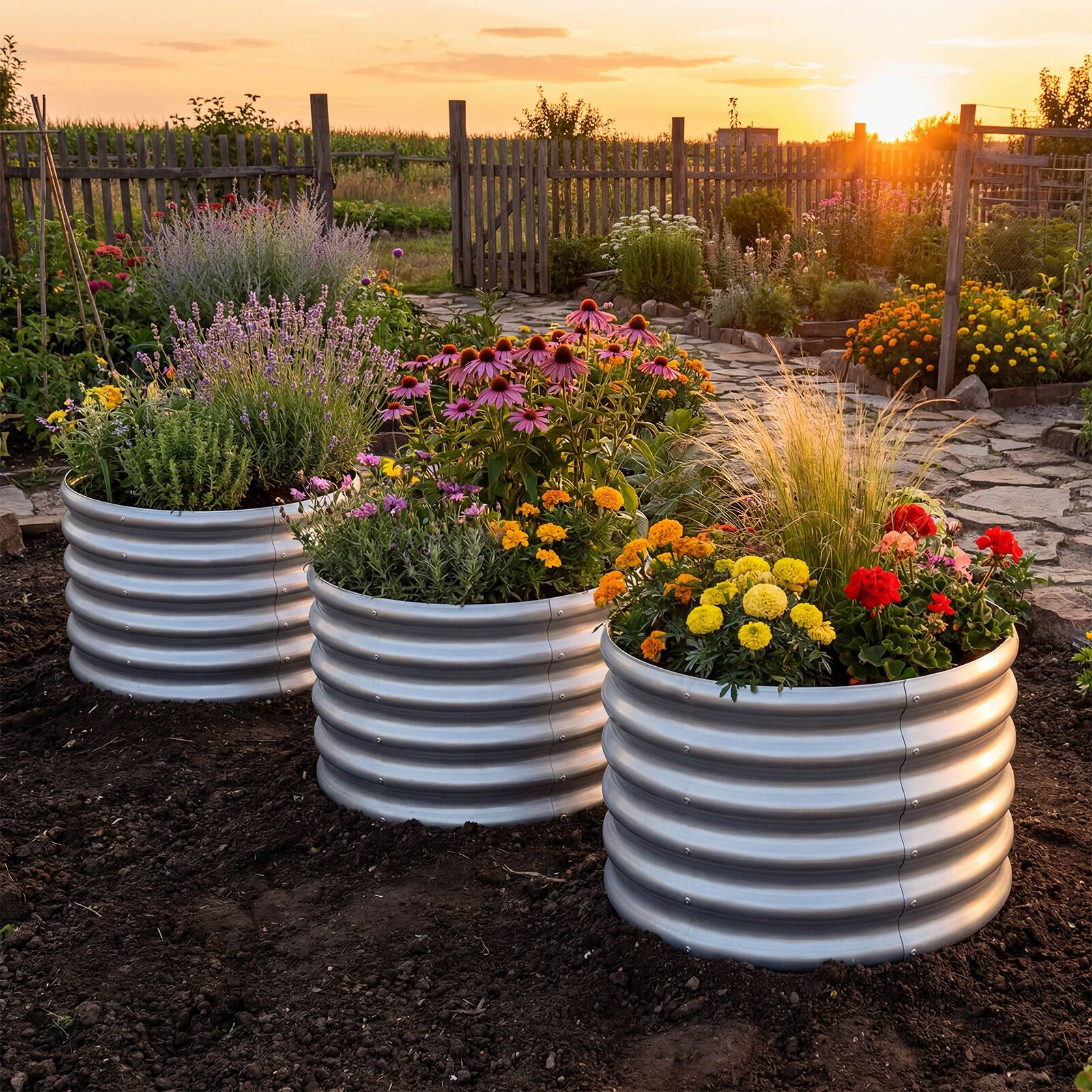 Alt View 3. Costway - Costway 1 PCS 24" x 24" x 17" Galvanized Raised Garden Bed, Round Outdoor Planter Box with Open-Ended Base - Sliver.