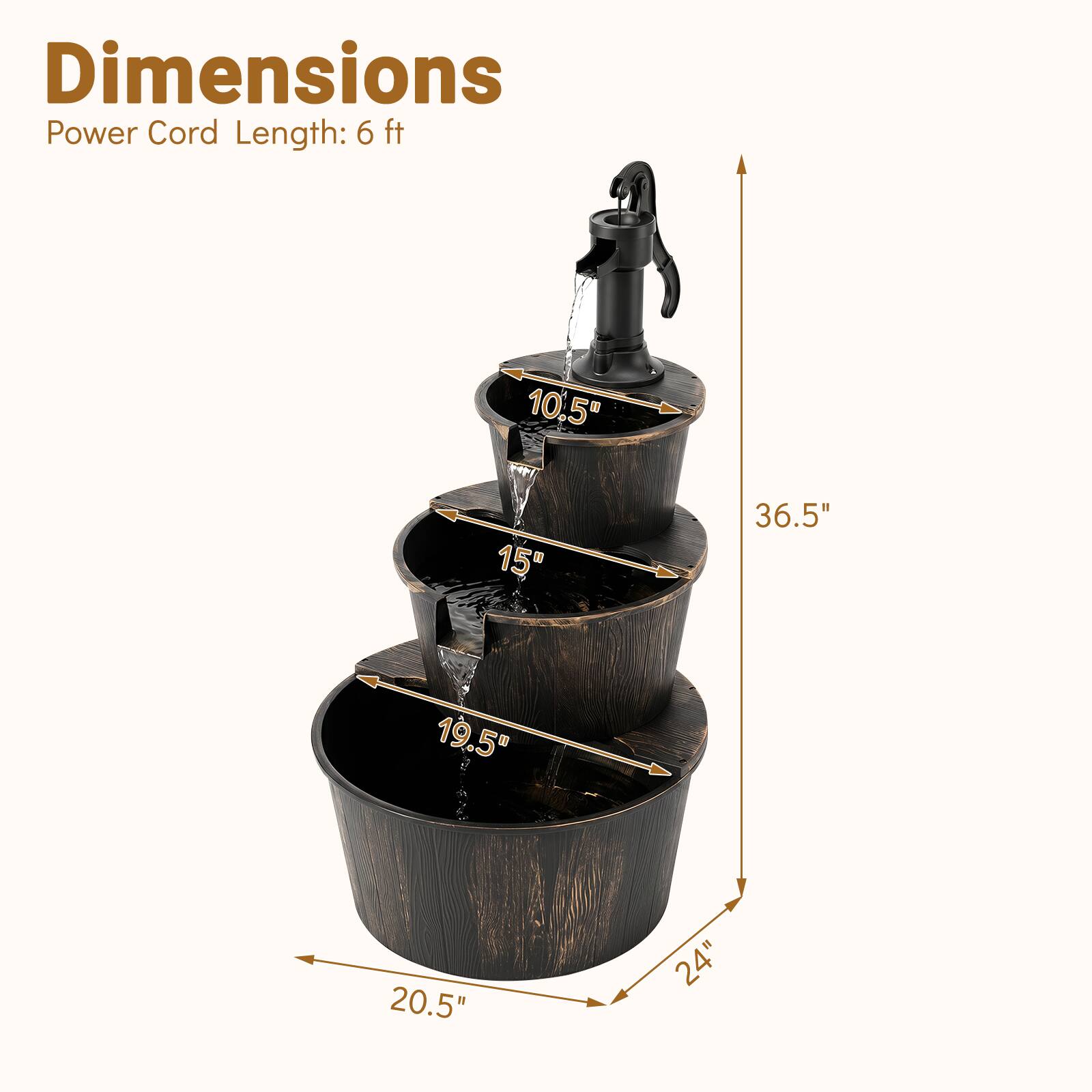 Dimensions Power Cord Length: 6 ft

10.5"
15"
19.5"
20.5"
24"
36.5"