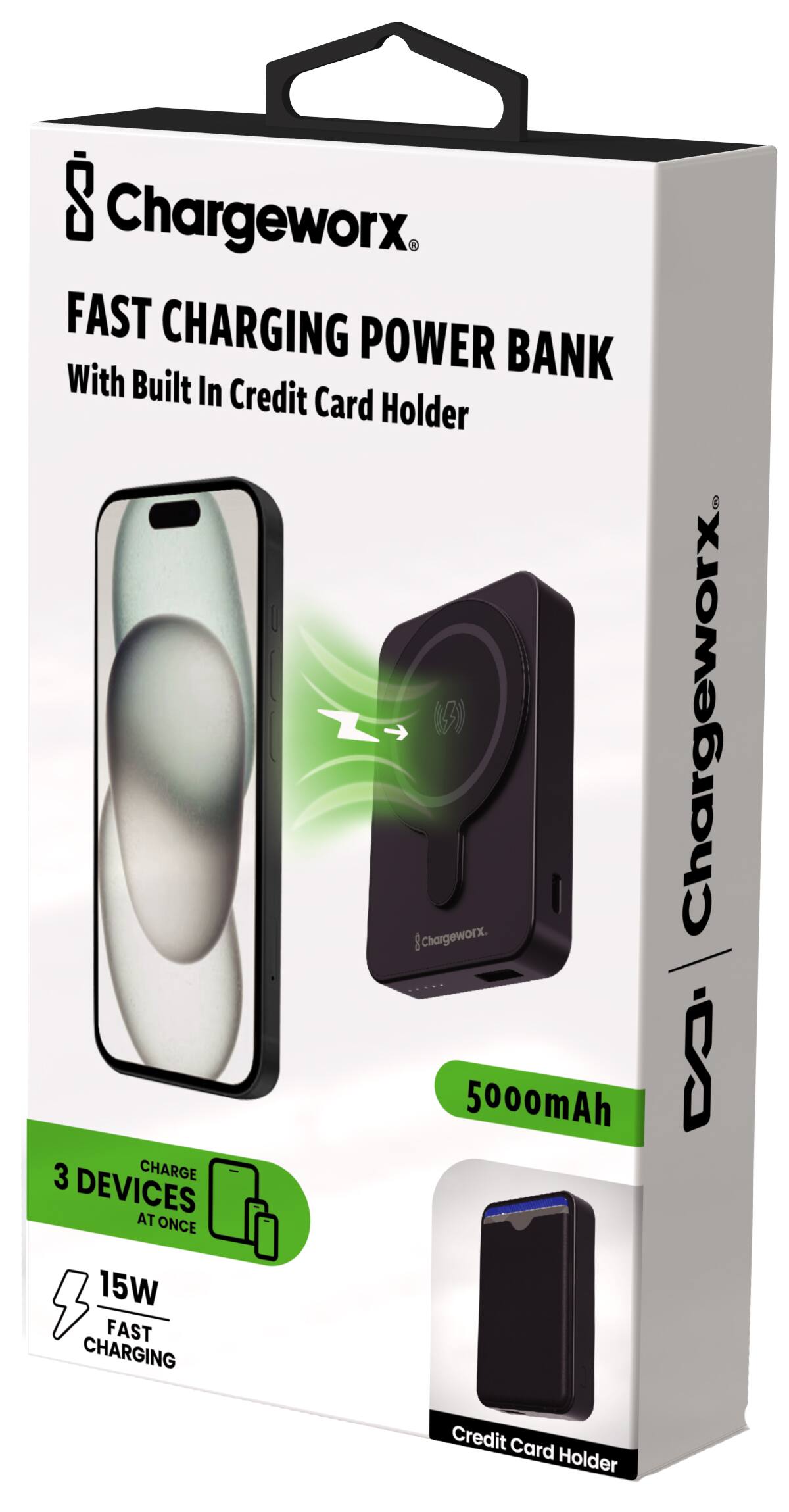 Chargeworx. FAST CHARGING POWER BANK With Built In Credit Card Holder (5) Chargeworx. 5000mAh 3 CHARGE DEVICES AT ONCE B 15W FAST CHARGING Credit Card Holder
