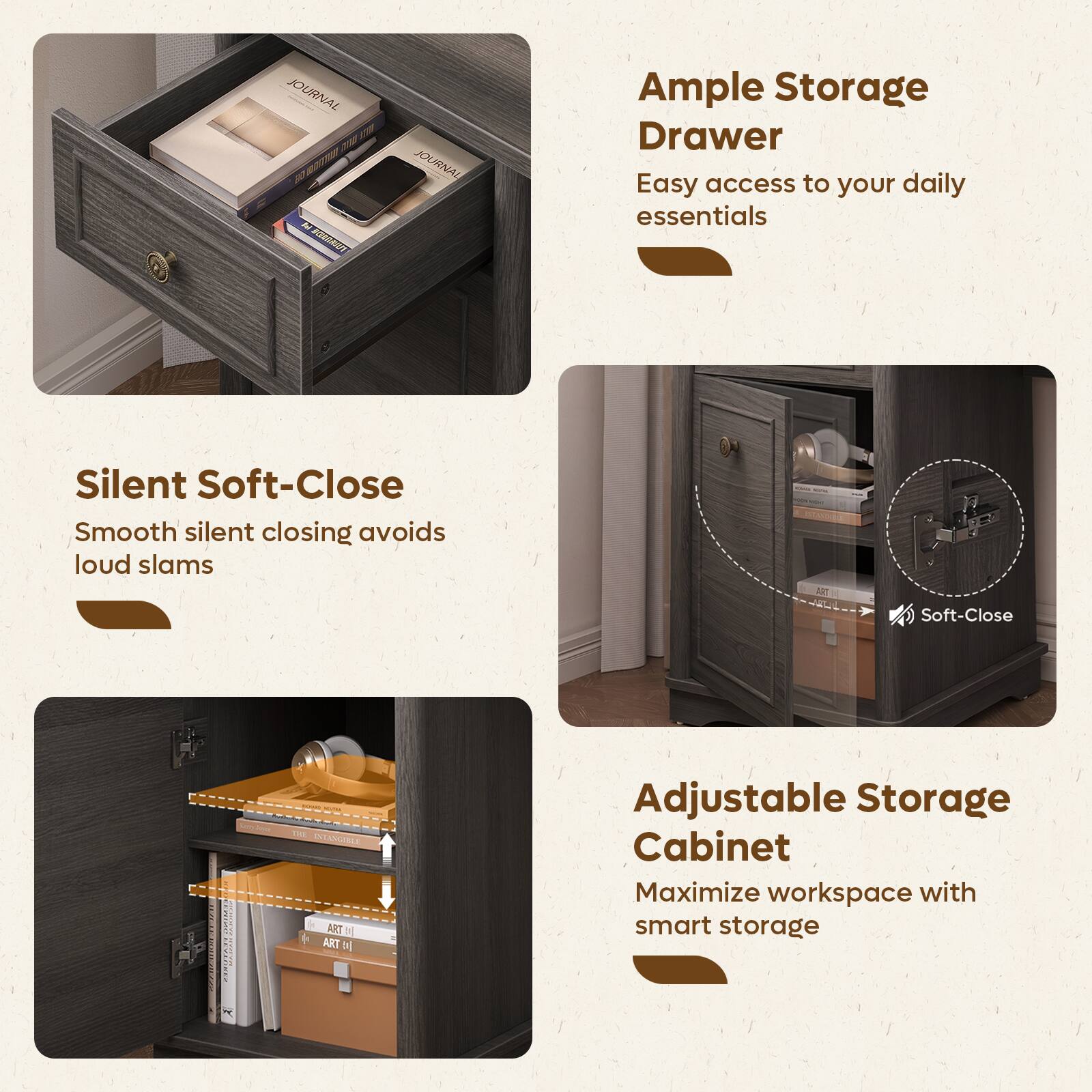 JOURNAL At #CHANHIUT

JOURNAL

Ample Storage Drawer
Easy access to your daily essentials

Silent Soft-Close
Smooth silent closing avoids loud slams

500 ASTANTARIA ART

Soft-Close

PURCHIES

boja

mOnyan KOUTH THE INTANGIBLE ART

ART

Adjustable Storage Cabinet
Maximize workspace with smart storage