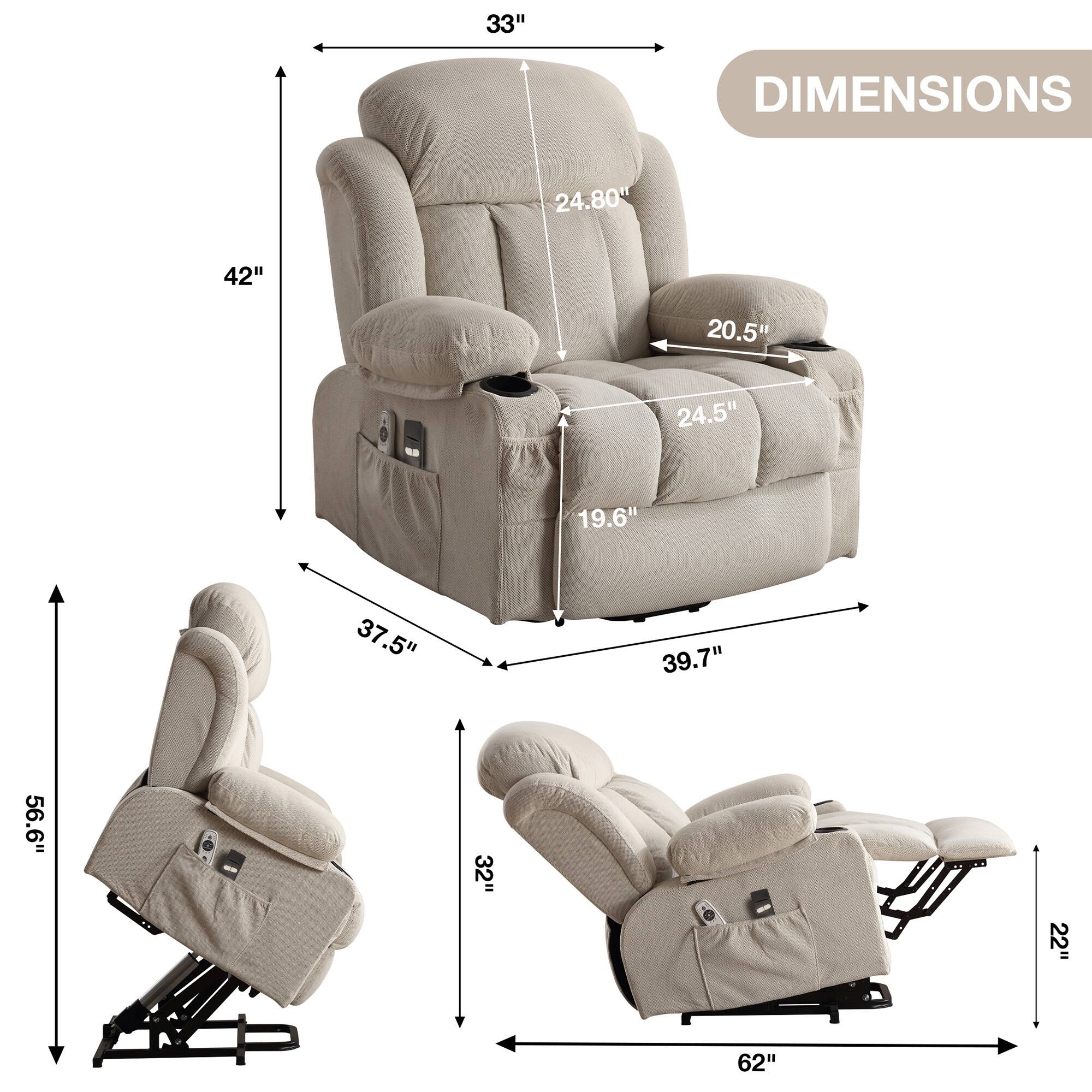- Height: 42"
- Width: 33"
- Depth: 39.7"
- Seat Height: 19.6"
- Seat Depth: 24.5"
- Armrest Height: 24.80"
- Armrest Width: 20.5"
- Back Height: 37.5"
- Overall Height: 56.6"
- Overall Width: 62"
- Overall Depth: 32"