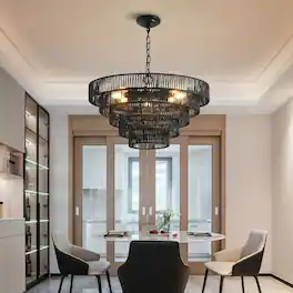 Loheer - 24 inch Rope Chandelier, Black Five Tier Pendant Light for Dining Room or Entryway