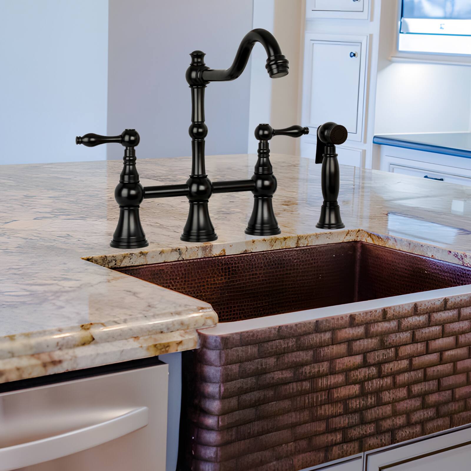 Alt View 7. Akicon - Akicon Solid Brass Bridge Kitchen Faucets with Side Sprayer 2 Lever Handles in Matte Black - Matte Black.