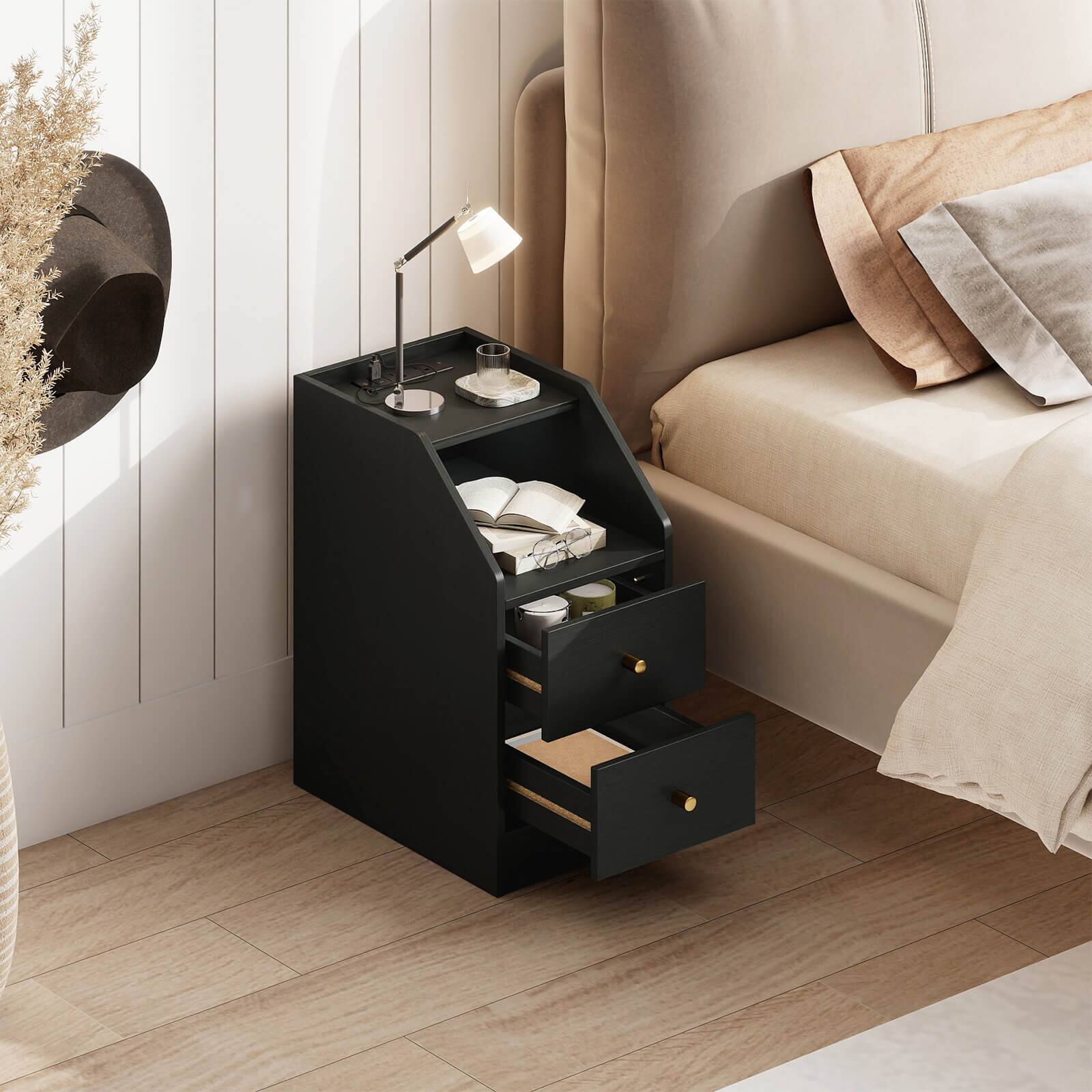 Alt View 4. Costway - Costway Set of 2 Side Tables with Charging Station Storage Drawers for Small Space Bedroom - Black.