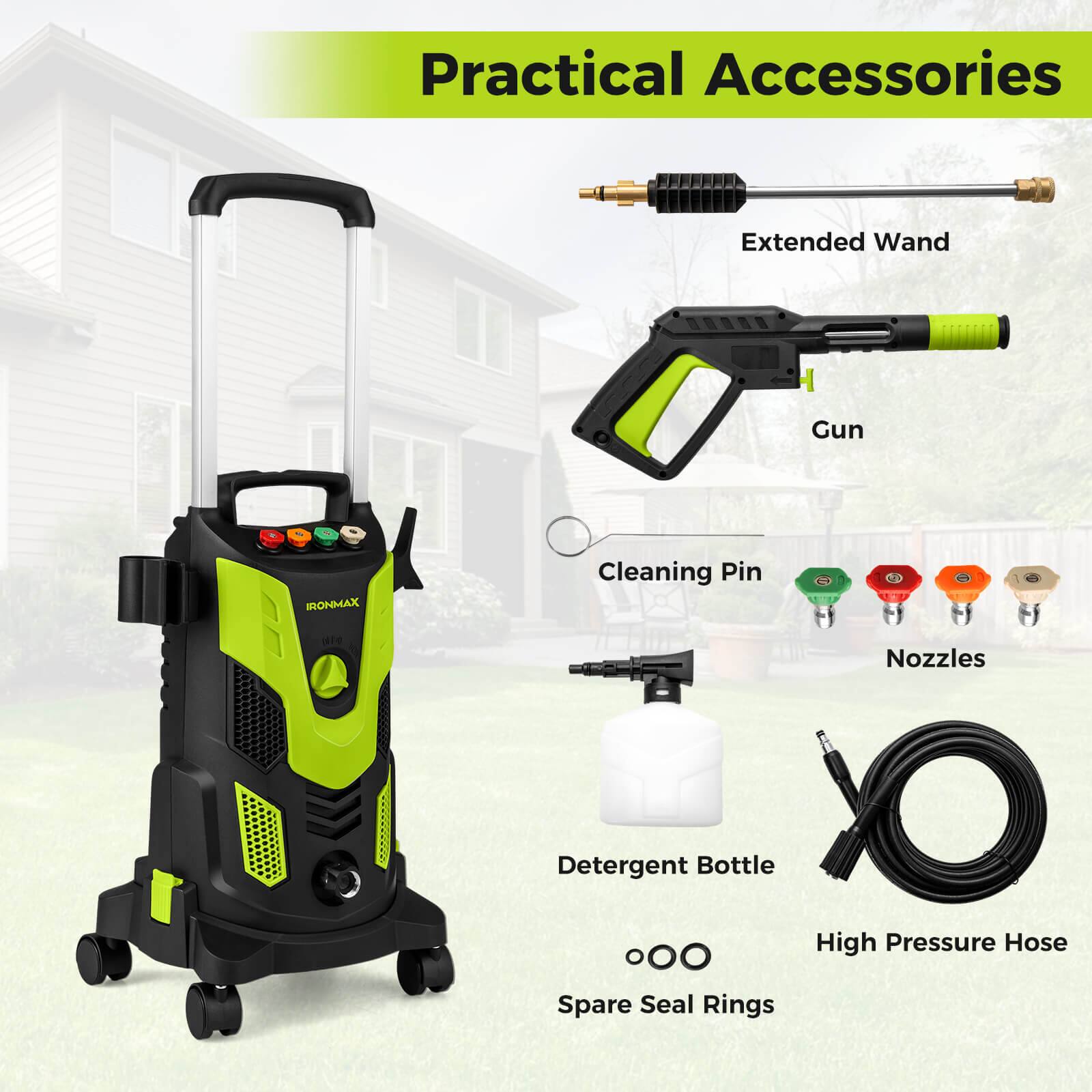 Practical Accessories

- Extended Wand
- Gun
- Cleaning Pin
- Nozzles
- Detergent Bottle
- High Pressure Hose
- Spare Seal Rings