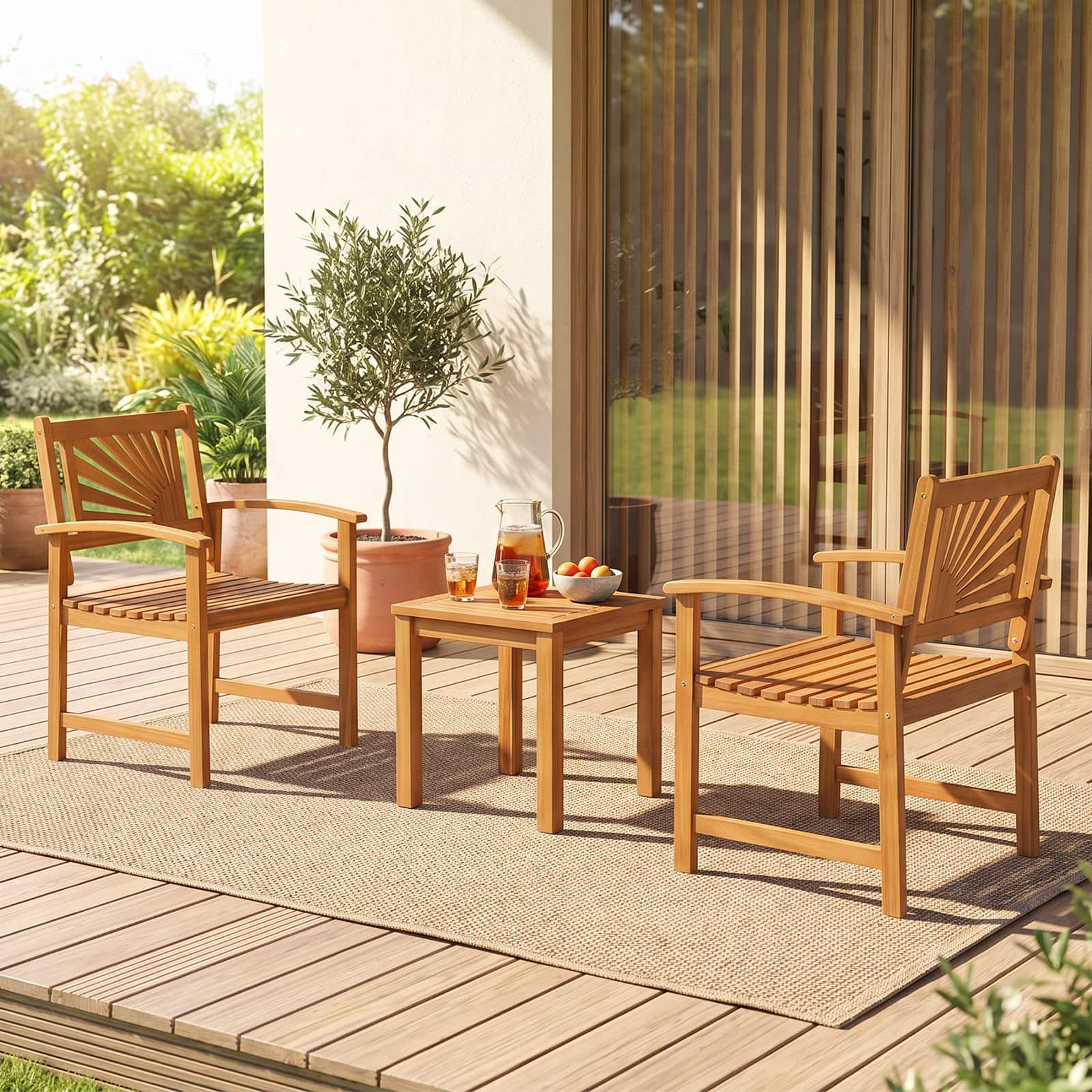 Costway - 3-Piece Patio Acacia Wood Bistro Set with 2 Slatted Armchairs & Square Coffee Table - Natural