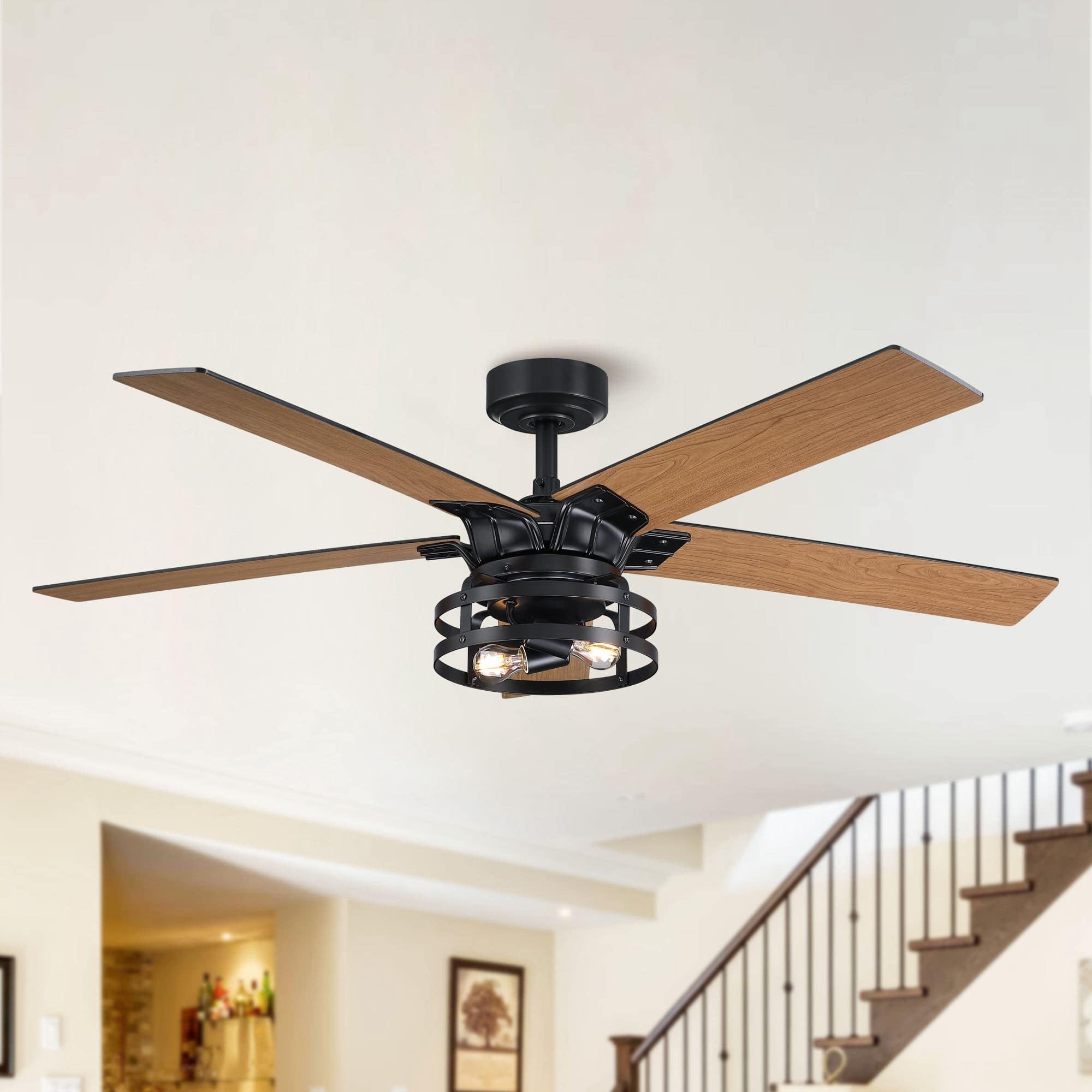 Front. Parrot Uncle - 52 in. Modern Matte Black Reversible Blades Ceiling Fan with Light and Remote - Black.