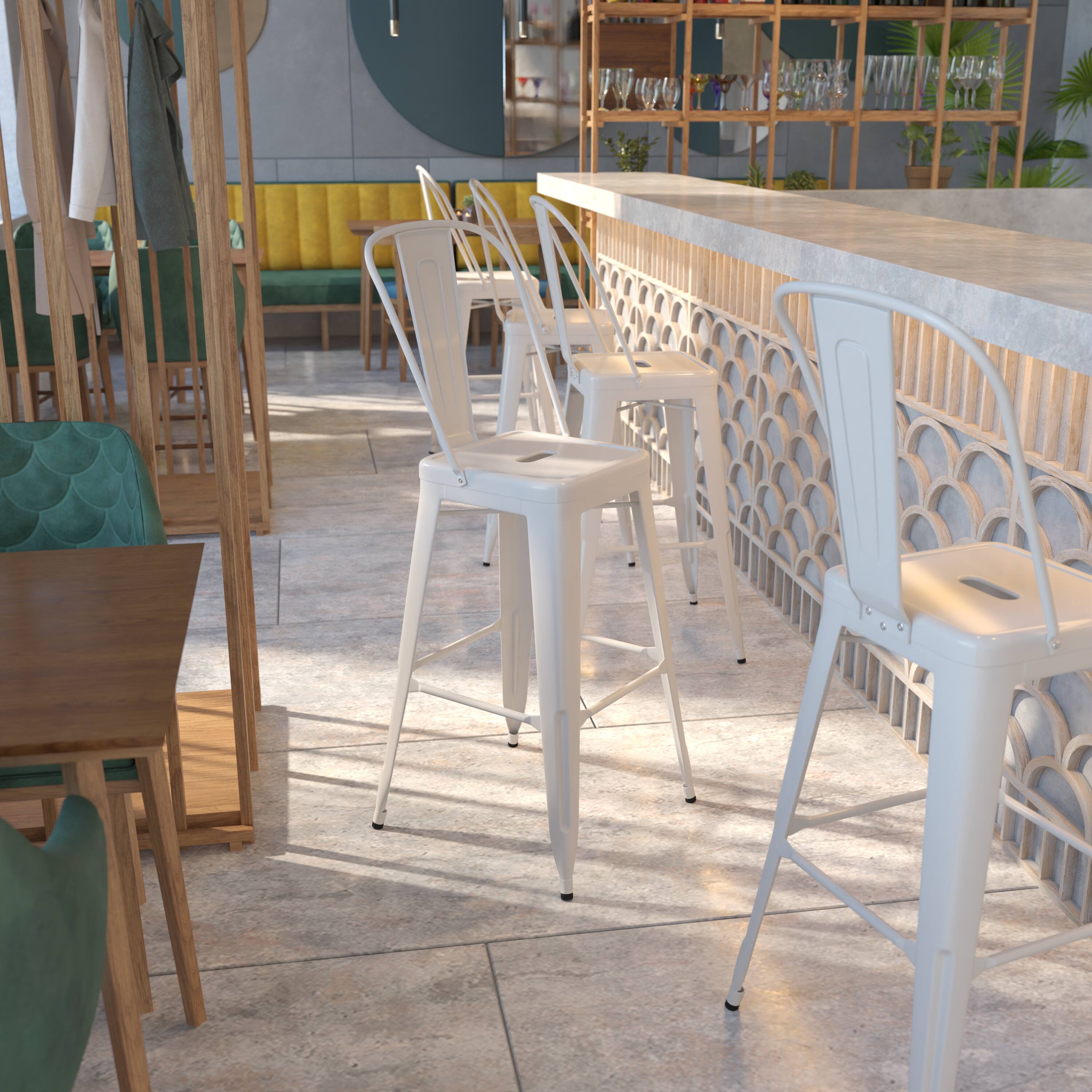 Alt View 1. Emma + Oliver - Commercial Grade 30"H Colorful Metal Indoor-Outdoor Barstool with Back - White.
