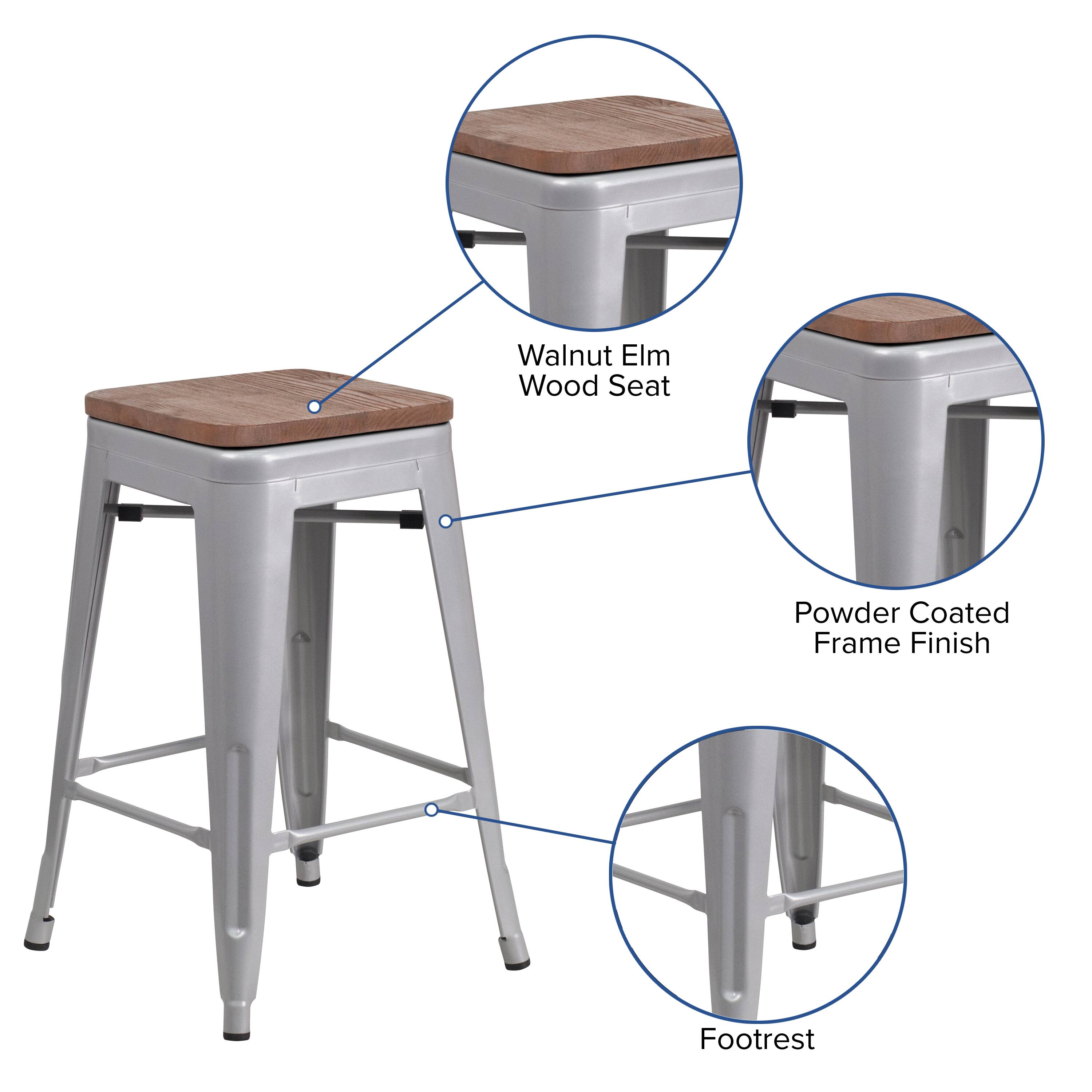 Walnut Elm Wood Seat  
Powder Coated Frame Finish  
Footrest