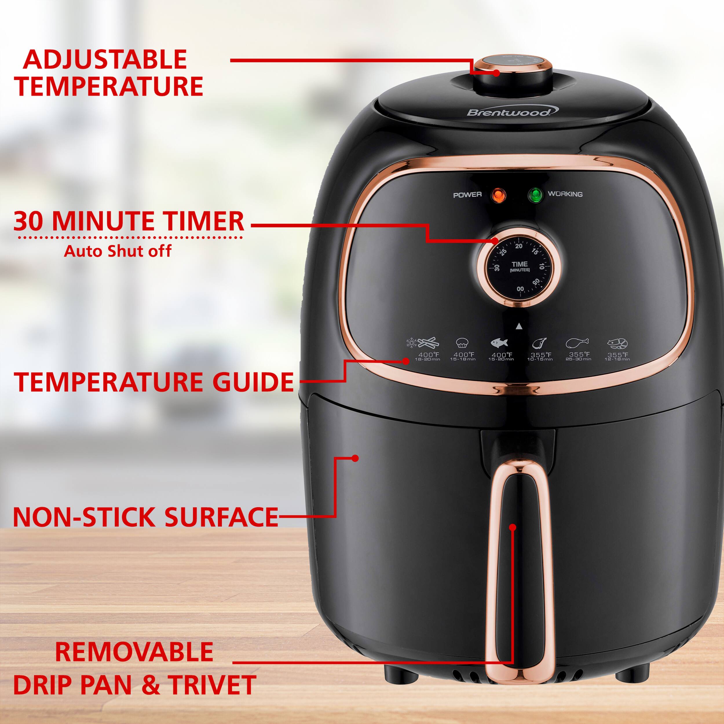 ADJUSTABLE TEMPERATURE  
Brentwood  
30 MINUTE TIMER  
Auto Shut off  
POWER  
WORKING  
29 12  
TIME  
SPSTON 00 +  
TEMPERATURE GUIDE  
BODY - 400°F  
- 350°F  
- 300°F  
- 250°F  
- 200°F  
NON-STICK SURFACE  
REMOVABLE DRIP PAN & TRIVET