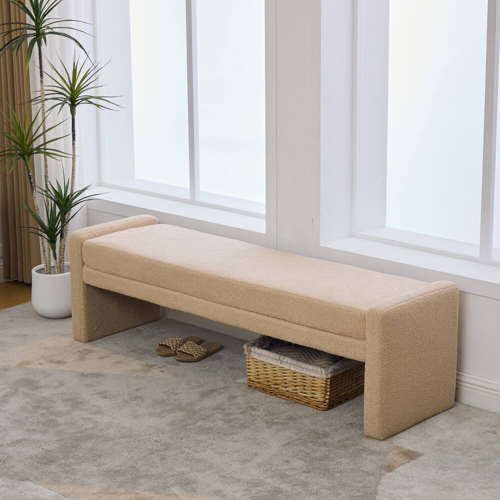 Back. Ropilly - Ropilly Modern Upholstered End of Bed Bench Wheat Tufted Teddy Fabric Oversized Entryway Window Seat - Wheat.