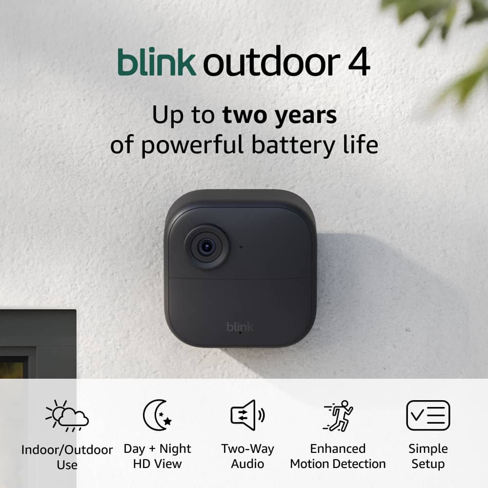Blink Outdoor 4: Up to two years of powerful battery life. Blink Indoor/Outdoor Day + Night Use HD View Two-Way Enhanced Simple Audio Motion Detection Setup.