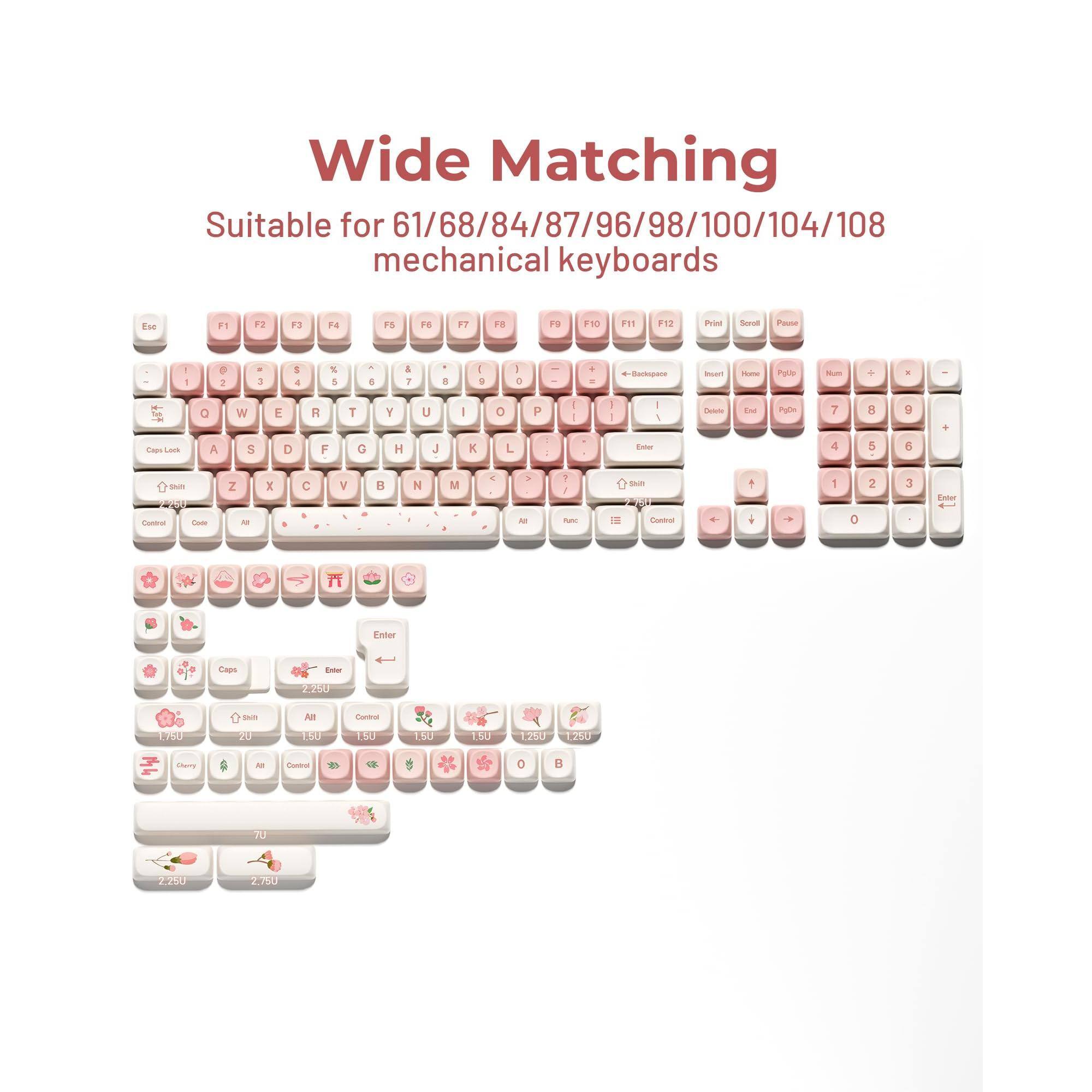 Wide Matching  
Suitable for 61/68/84/87/96/98/100/104/108 mechanical keyboards  

F1 F2 F3 F4 F5 F6 F7 F8 F9 F10 F11 F12 Print Scroll Pause  

Etc 1 2 3 4 5 6 7 8 9 0 - = Backspace Insert Home Page Up Page Down End Delete  

Q W E R T Y U I O P [ ] \  

A S D F G H J K L ; ' Enter  

Z X C V B N M , . / Shift Caps Lock Shift  

Control Alt Spacebar Alt  

Enter Caps Lock Enter  

1.75U 1.50U 2.25U 2.75U  

2.150 2258 150 188 190 SU PH05 Pda C Ao Conta 6 70 2250