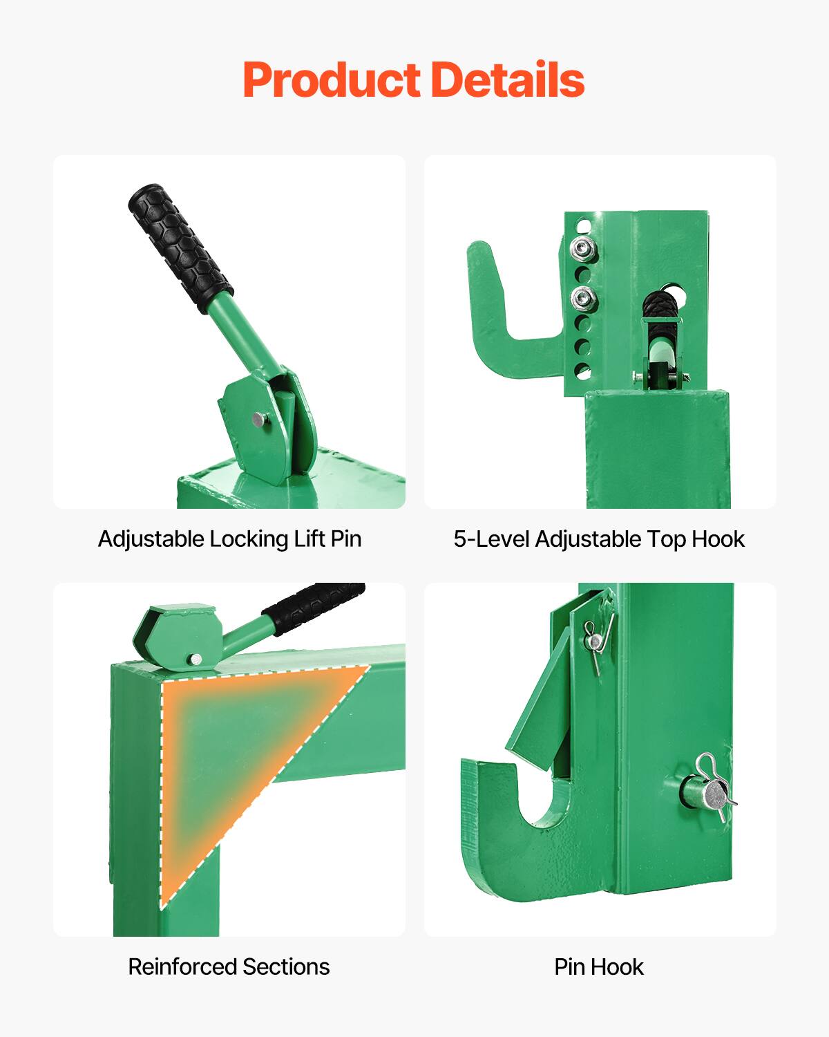 Product Details

- Adjustable Locking Lift Pin
- 5-Level Adjustable Top Hook
- Reinforced Sections
- Pin Hook