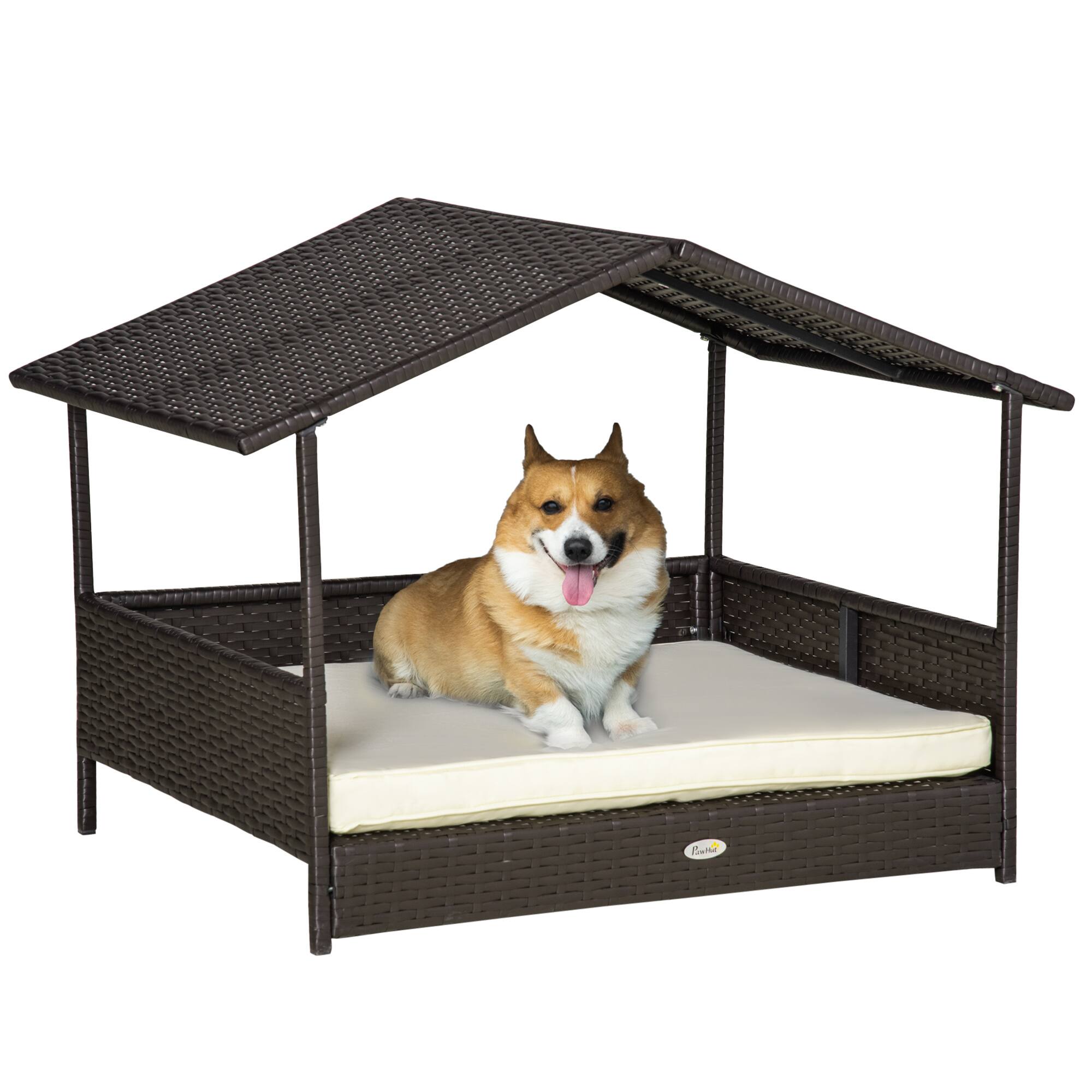 Front. Pawhut - Wicker Dog House Outdoor, Canopy, Rattan Bed, Water-resistant Cushion, 66 lbs, 19.75", Brown Wicker, White Cushion - Cream White.