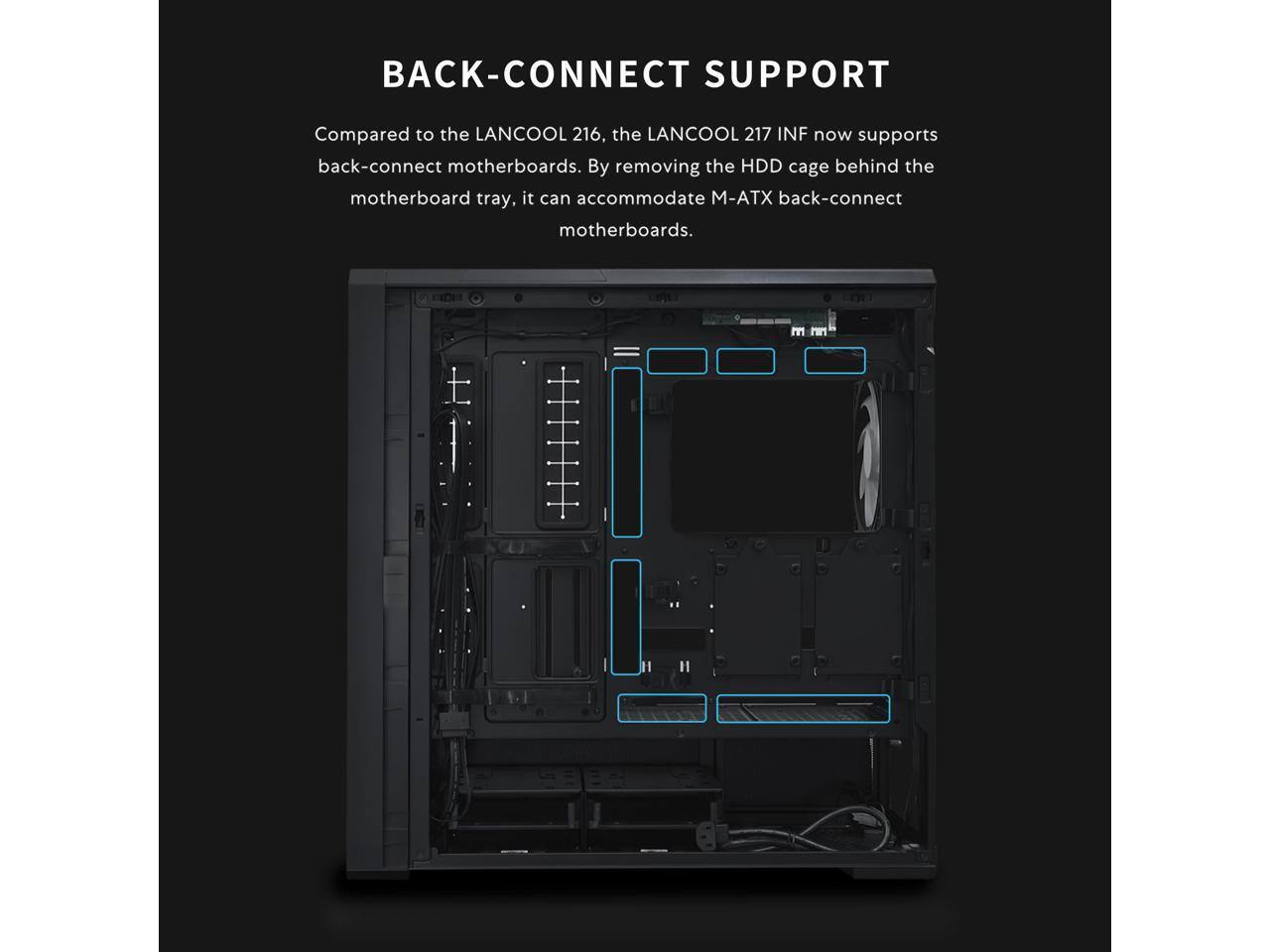 BACK-CONNECT SUPPORT

Compared to the LANCOOL 216, the LANCOOL 217 INF now supports back-connect motherboards. By removing the HDD cage behind the motherboard tray, it can accommodate M-ATX back-connect motherboards.