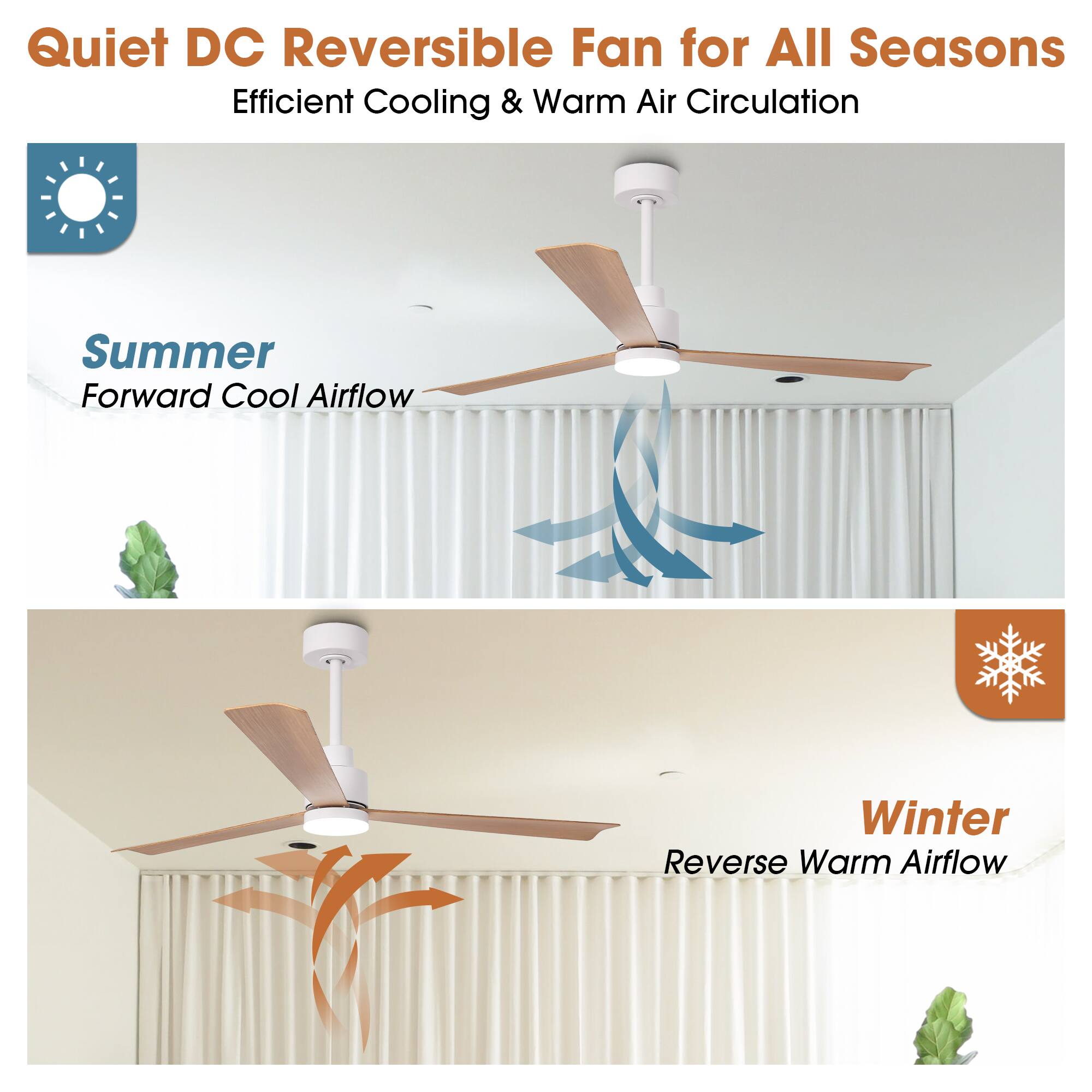 Quiet DC Reversible Fan for All Seasons  
Efficient Cooling & Warm Air Circulation  

Summer  
Forward Cool Airflow  

Winter  
Reverse Warm Airflow