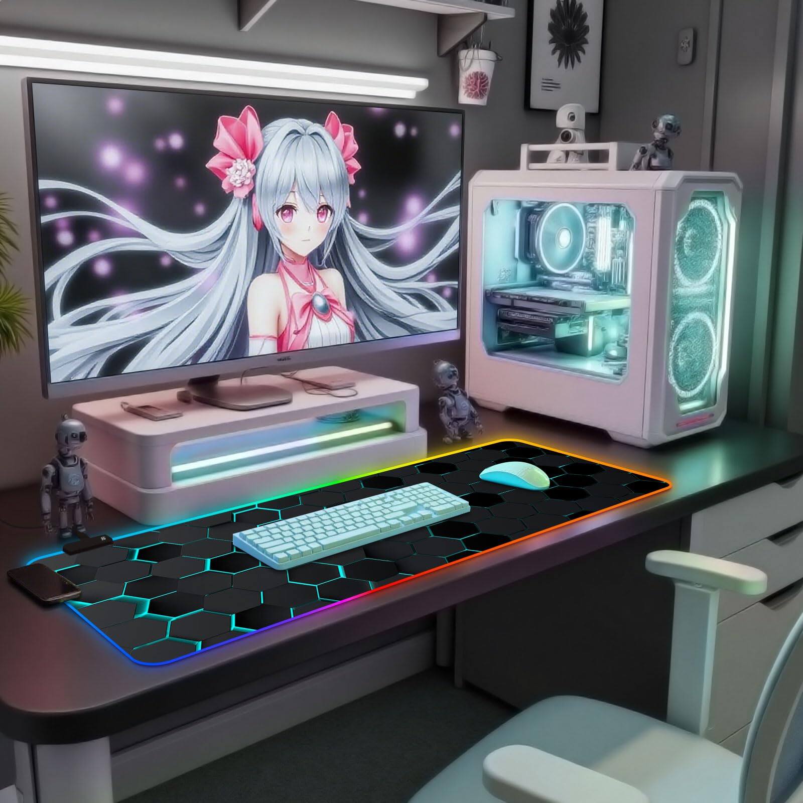 Left. Fabibe - Mouse Pad Keyboard Mouse RGB PC Mousepad Desk 31.5 11.8 Inch Large Oversized Light Modes Anti-slip Rubber Base - Colorful Planet.