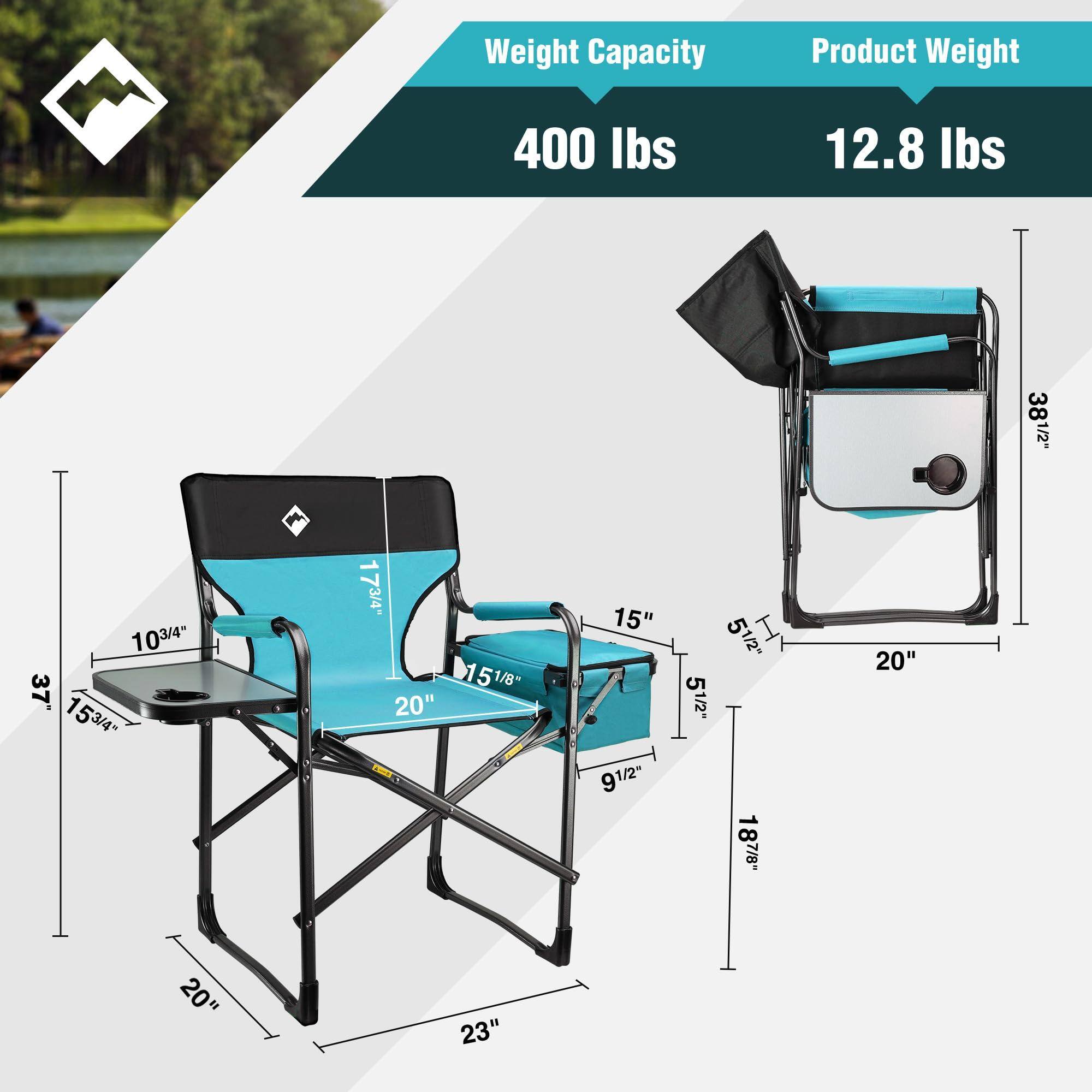 Weight Capacity: 400 lbs  
Product Weight: 12.8 lbs  

Dimensions:  
- Seat: 15 3/4" W x 15 1/8" D  
- Backrest: 10 3/4" H  
- Overall: 38 1/2" W x 20" D x 23" H  
- Folded: 9 1/2" W x 5 1/2" D x 20" H  
- Armrest: 5 1/2" W  
- Cup Holder: 2 3/4" D  
- Table: 15 3/4" W x 15 3/4" D  
- Legs: 20" L  
- Base: 23" W
