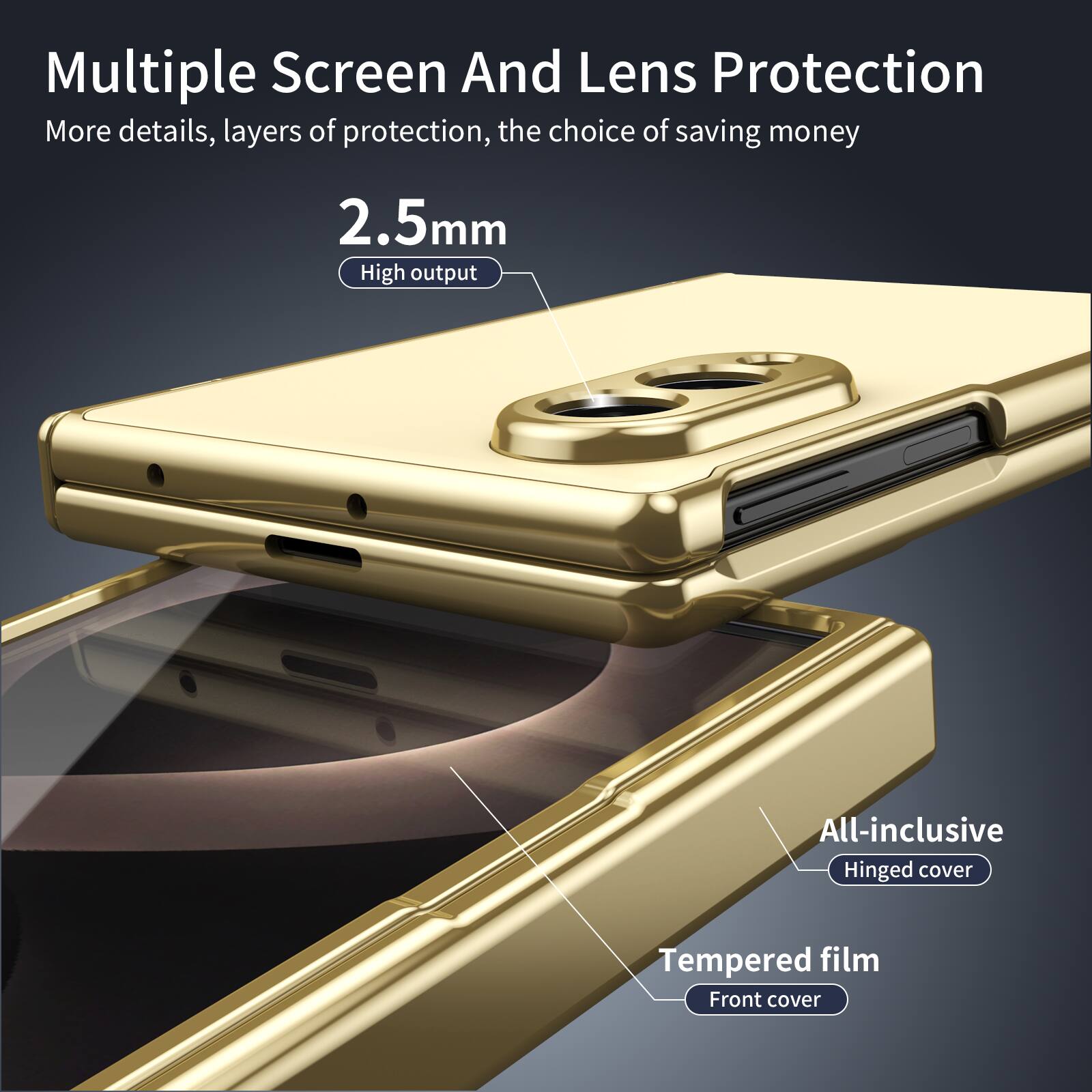 Multiple Screen And Lens Protection  
More details, layers of protection, the choice of saving money  

2.5mm  
High output  

All-inclusive  
Hinged cover  

Tempered film  
Front cover
