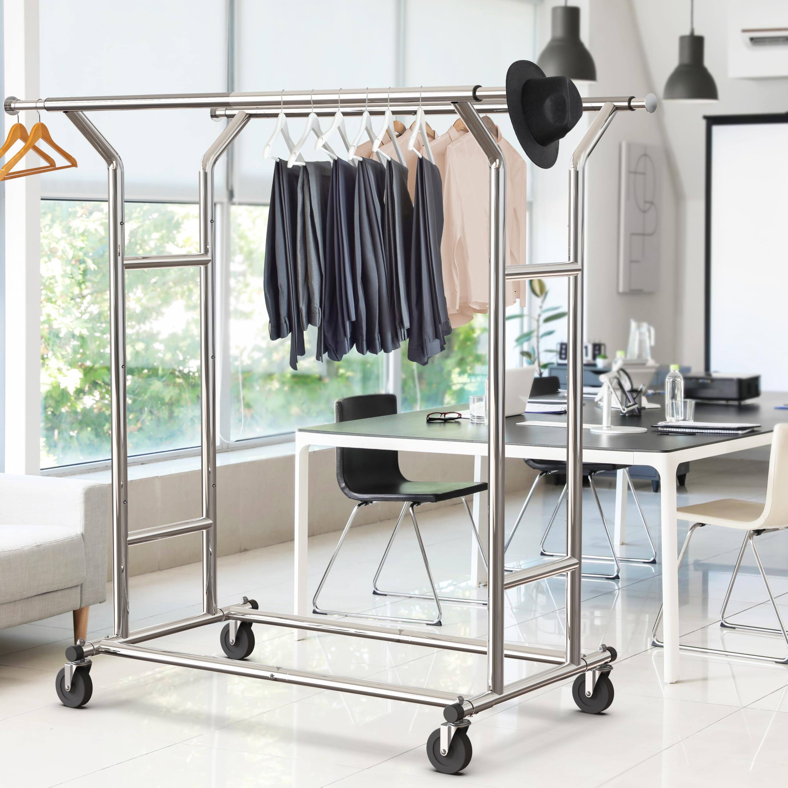 Alt View 5. Refined Abode Design - Heavy Duty Double Rail Clothing Garment Rack  Holds Up To 200 Lbs 43 67 Inches Extendable Rod Chrome - Black.