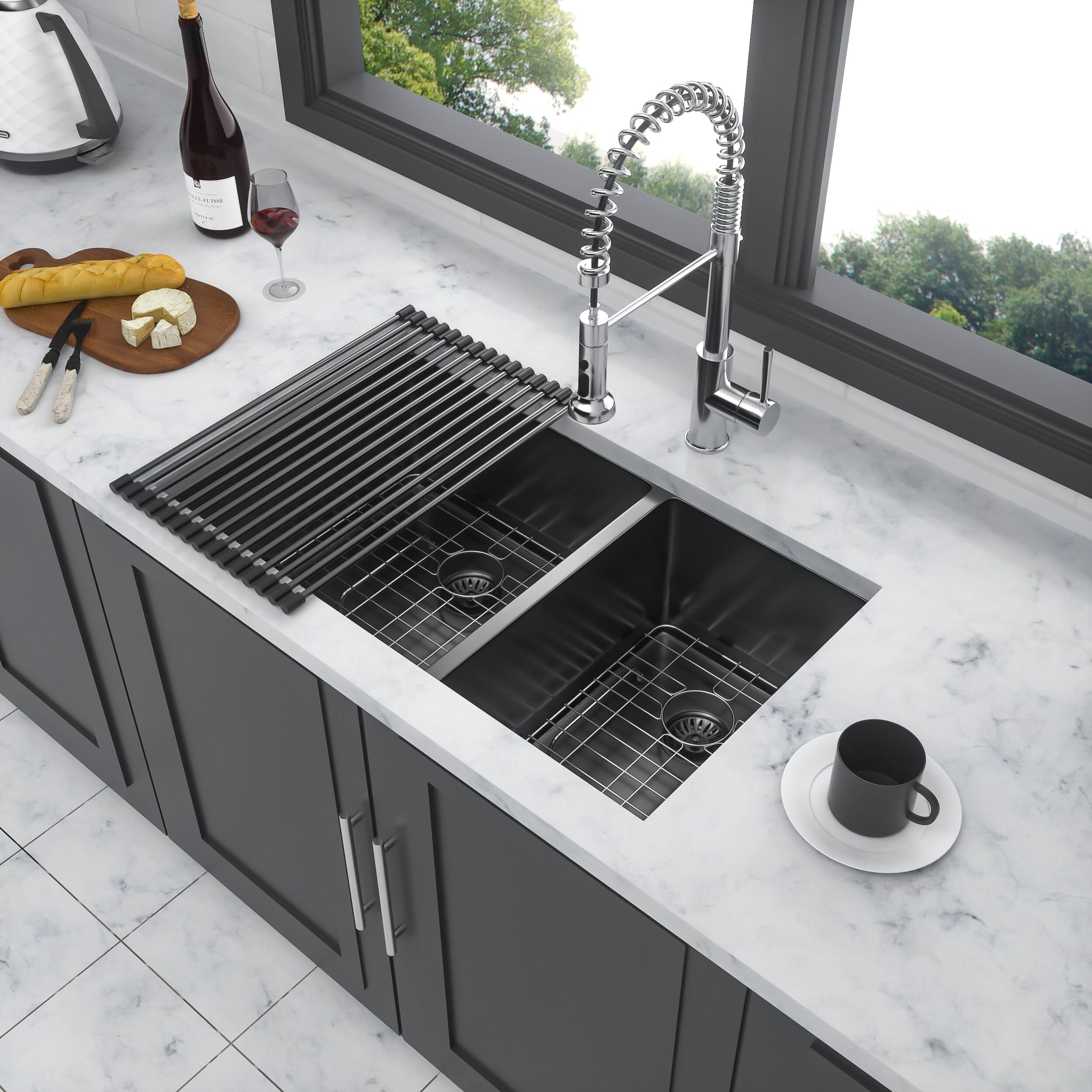 Left. Siljoy - Double Bowl(60/40) Undermount Sink- 33"x19"x10" Gunmetal Black  Double Bowl Kitchen Sink 16 Gauge with Two Basin - Gunmetal Black.