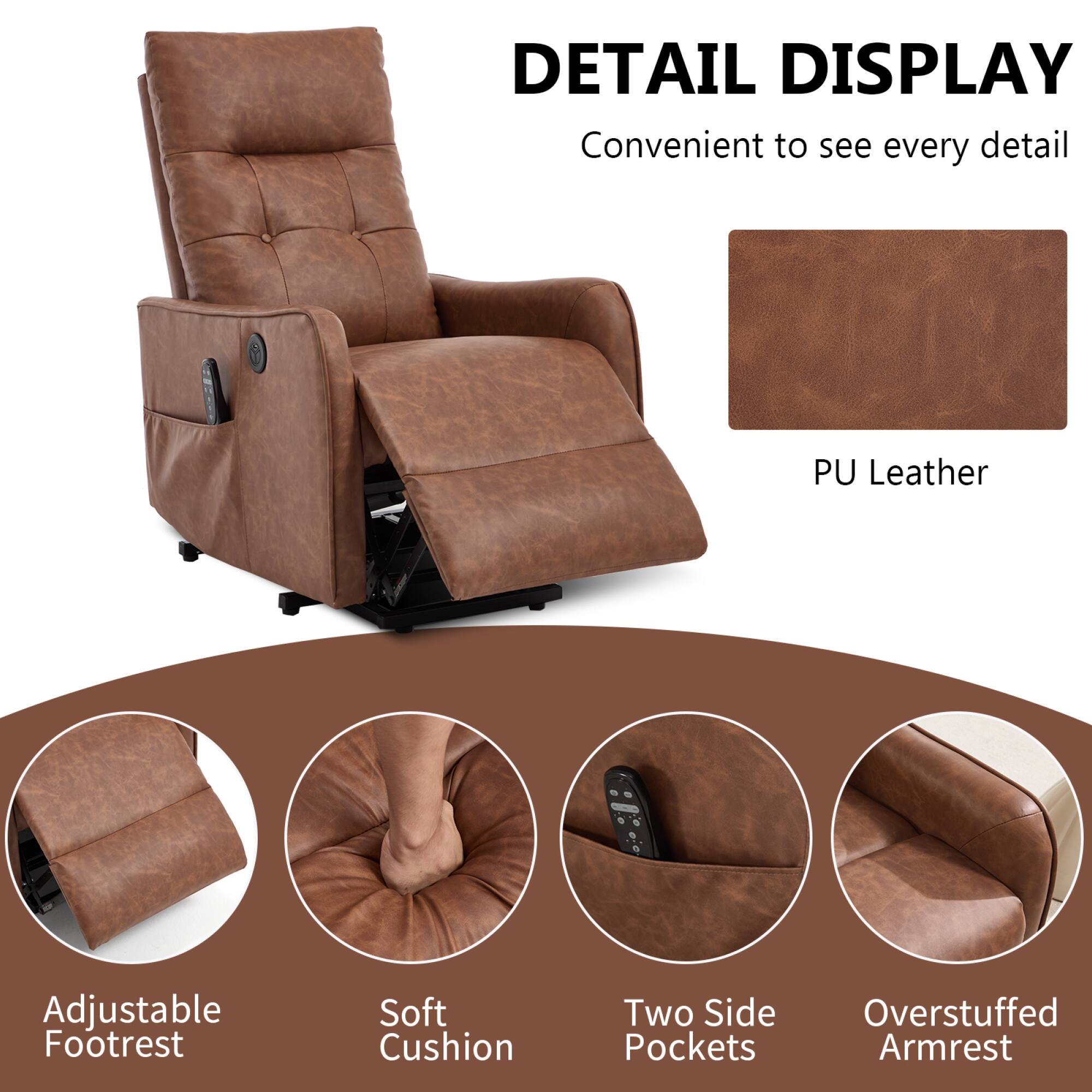 DETAIL DISPLAY  
Convenient to see every detail  

PU Leather  

Adjustable Footrest  
Soft Cushion  
Two Side Pockets  
Overstuffed Armrest