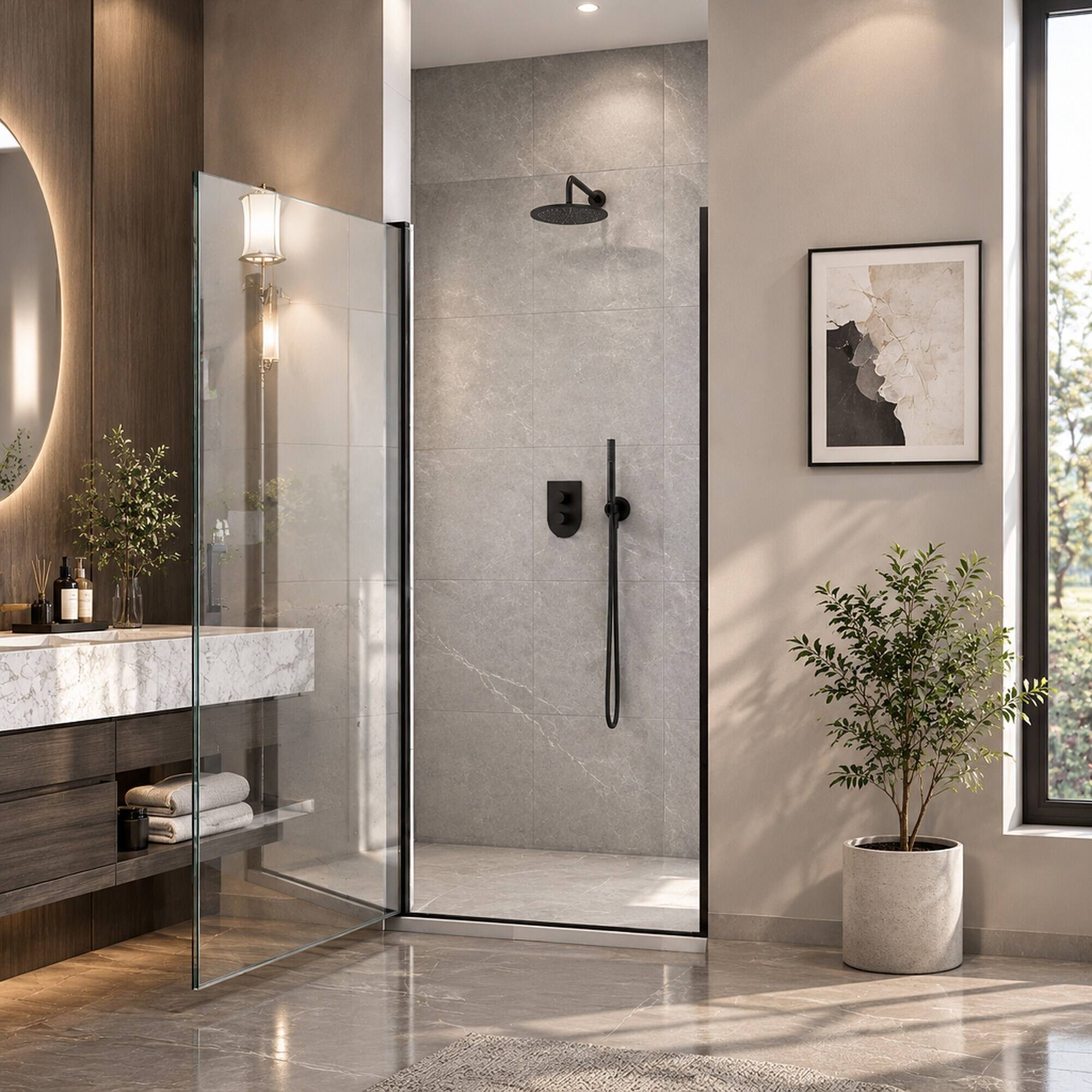 Alt View 3. RYHNUYNE - 34 In W X 72 In H Semi-Frameless Circular Pivot Shower Door, 1/4 In Clear Tempered Glass Matte Black Finish - Matte Black.