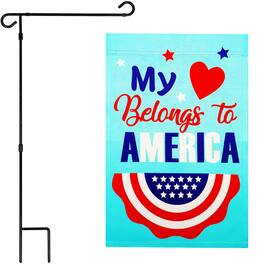 G128 - Combo Pack: Garden Flag Stand 36 x 16 in & Heart America Belongs 12 x 18 in Double-Sided Blockout Flag - Light Blue