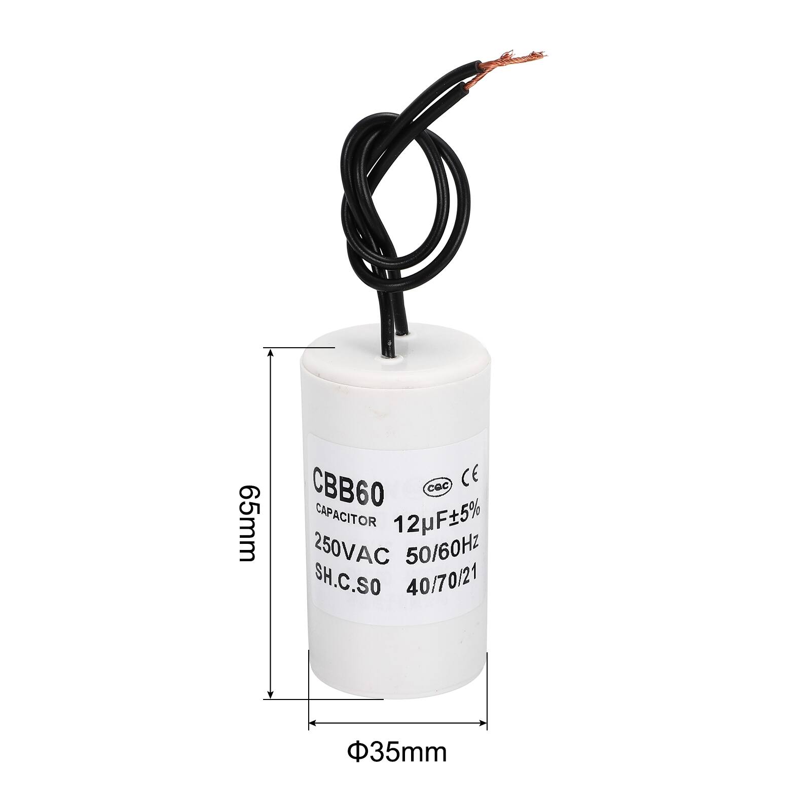 65mm CBB60 Capacitor 12F±5% 250VAC 50/60Hz SH.C.SO 40/70/21 35mm