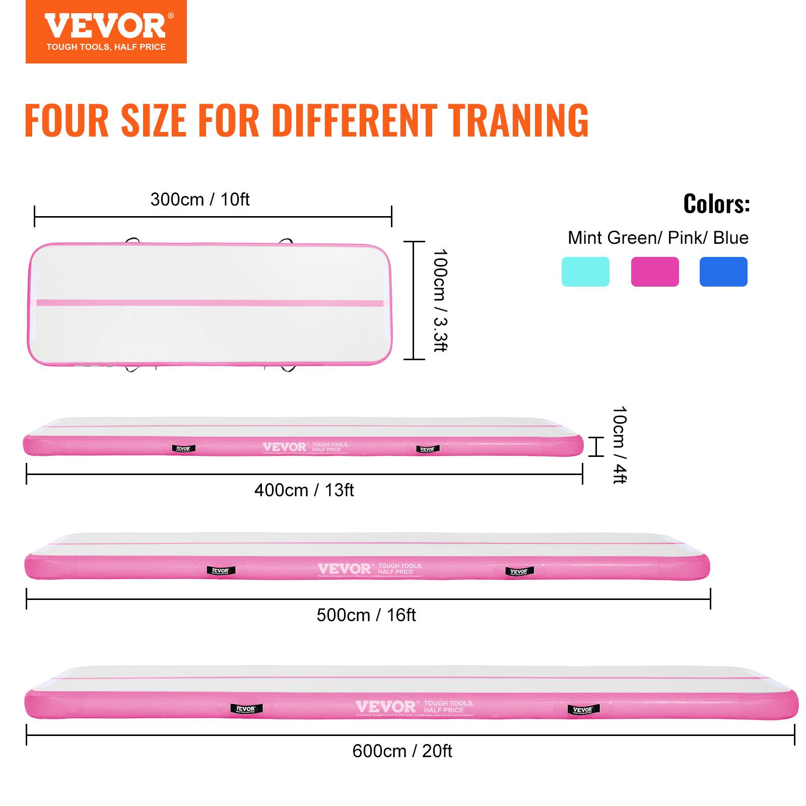 VEVOR TOUGH TOOLS, HALF PRICE FOUR SIZE FOR DIFFERENT TRAINING

300cm / 10ft 100cm / 3.3ft

Colors: Mint Green/ Pink/ Blue

400cm / 13ft 10cm / 4ft

500cm / 16ft

600cm / 20ft