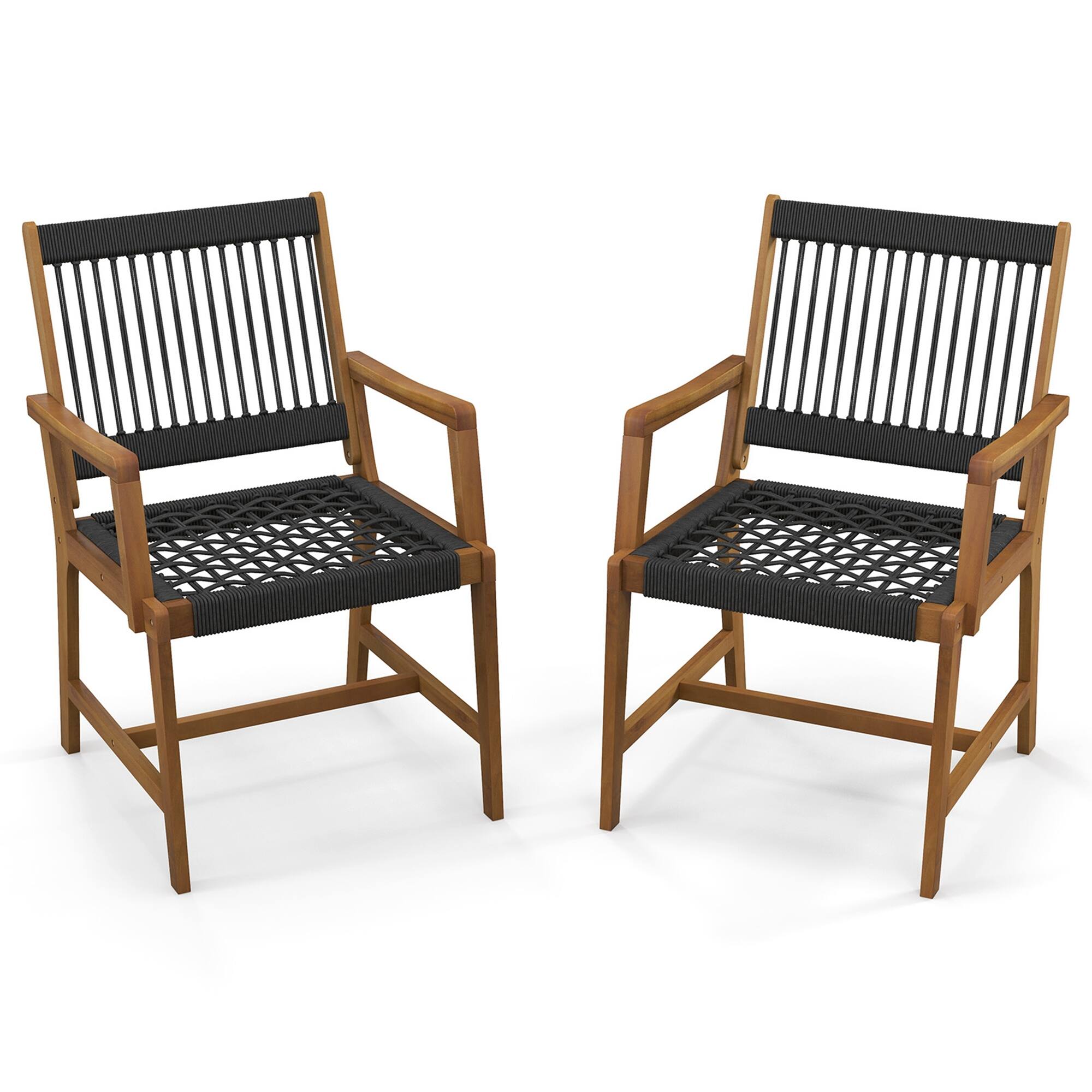 Costway - Patio 2pcs Acacia Wood Dining Chairs All-Weather Rope Woven Armchairs Outdoor - Black,Natural