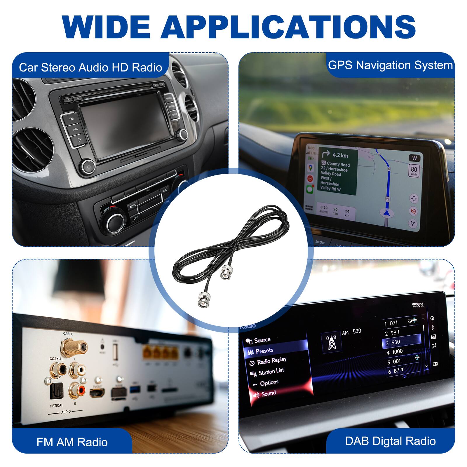 WIDE APPLICATIONS

- Car Stereo Audio HD Radio
- GPS Navigation System
- FM AM Radio
- DAB Digital Radio

CABLE COAXIAL OPTICAL AUDIO

Source Presets Radio Replay Station List Options Sound

AM 530 071 0+ 1 2 98.1 E 530 4 1000 5 001 6 87.9

4.2 km
County Road 22
Horseshoe Valley Road West
Morseshoe Valley Rd W

80 tnS