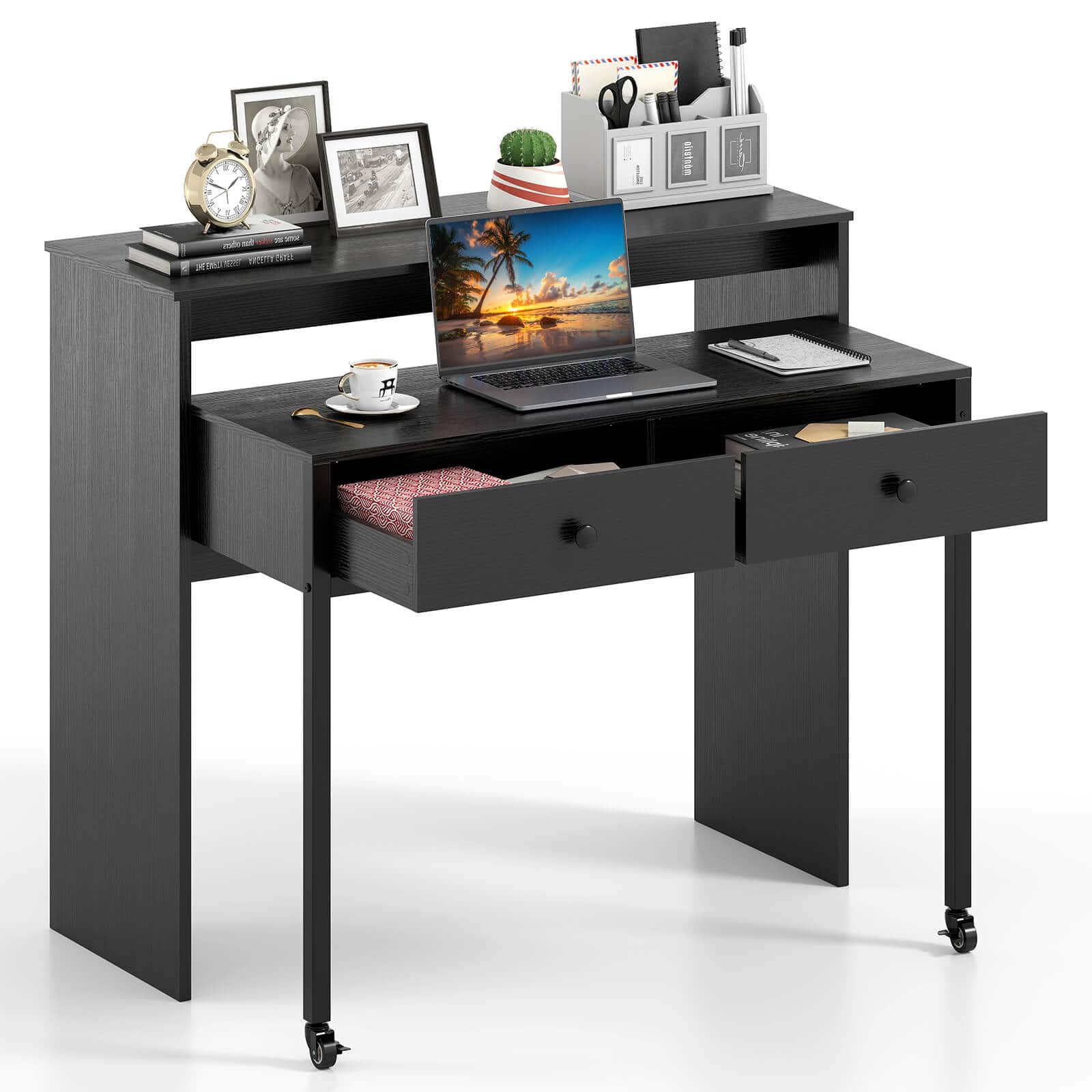 Costway - 39.5" Expandable Rolling Computer Desk with Monitor Shelf 2-tier Desktop 2 Drawers - Black